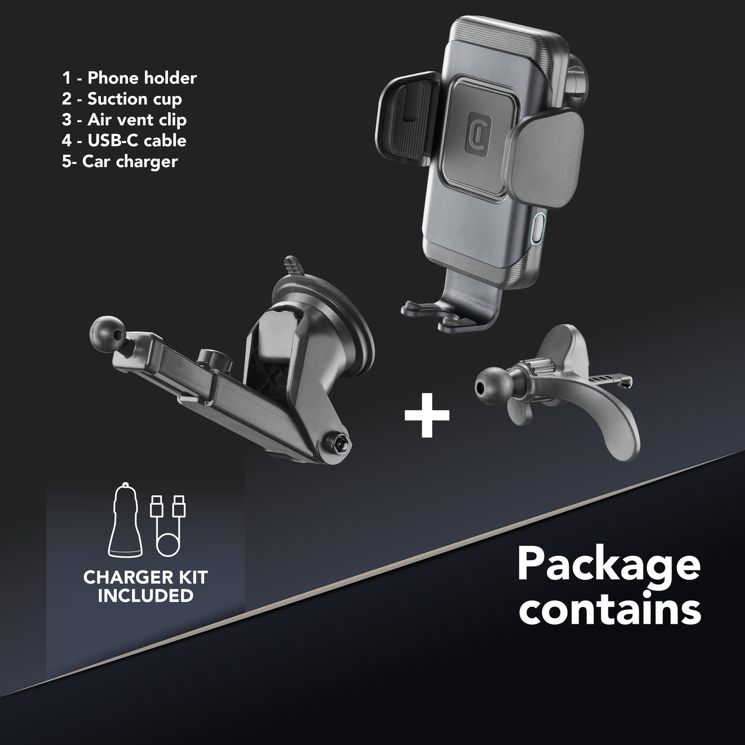 Accessori auto: supporto telefono, ventosa, clip bocchetta, caricatore.