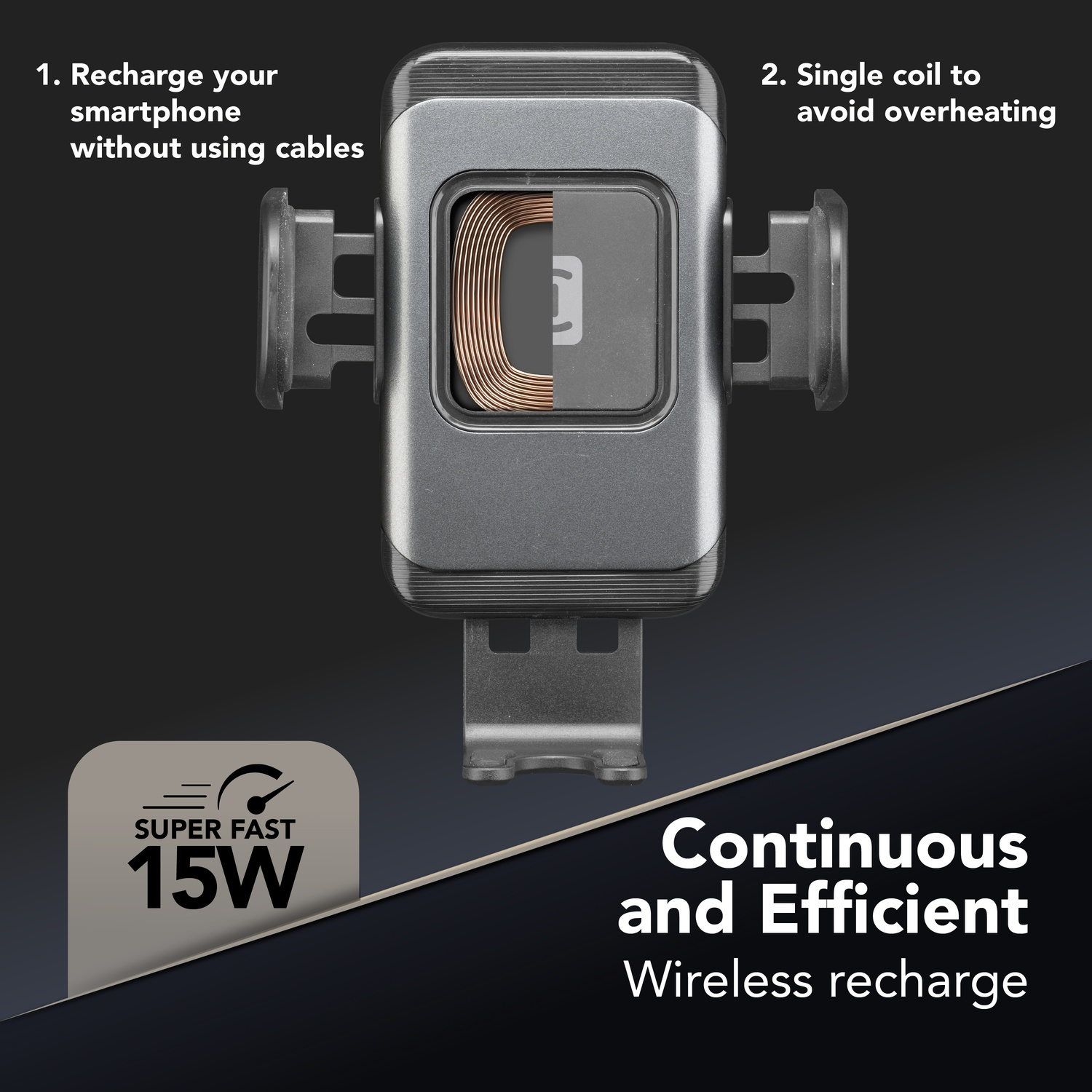 Caricabatterie wireless 15W: ricarica senza cavi, bobina singola.