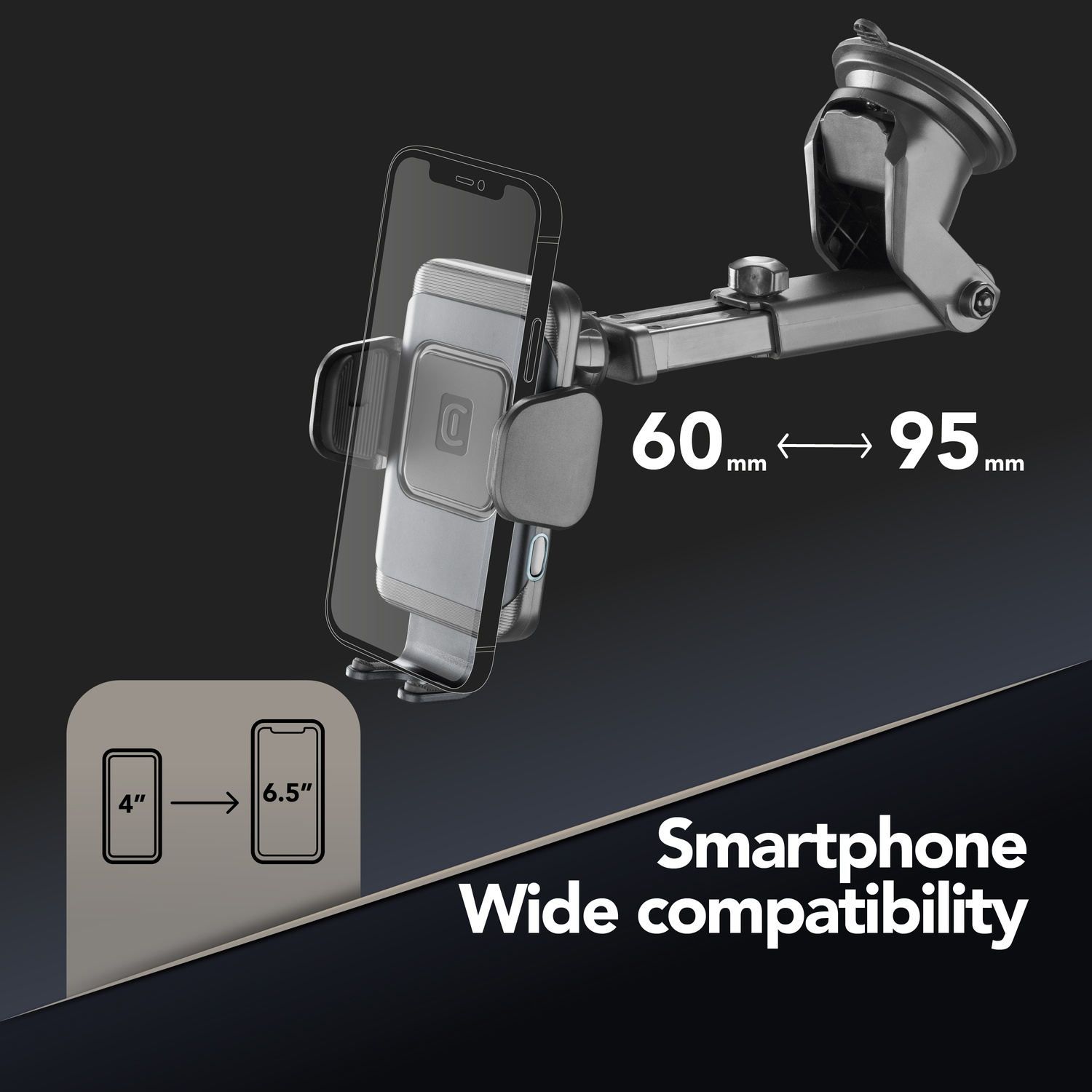 Supporto smartphone mostra compatibilità larghezza 60-95mm. Icone mostrano telefoni da 4" a 6.5".