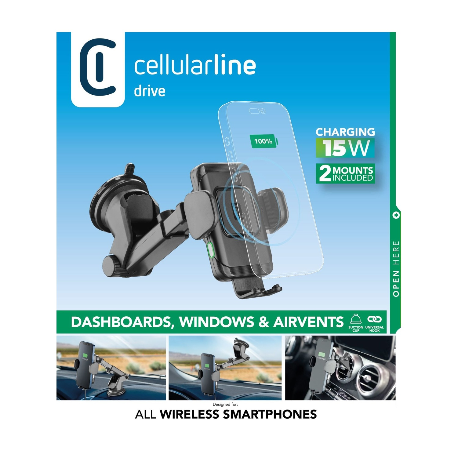 Supporto telefono Cellularline con ricarica 15W e 2 supporti per cruscotti/finestrini auto.