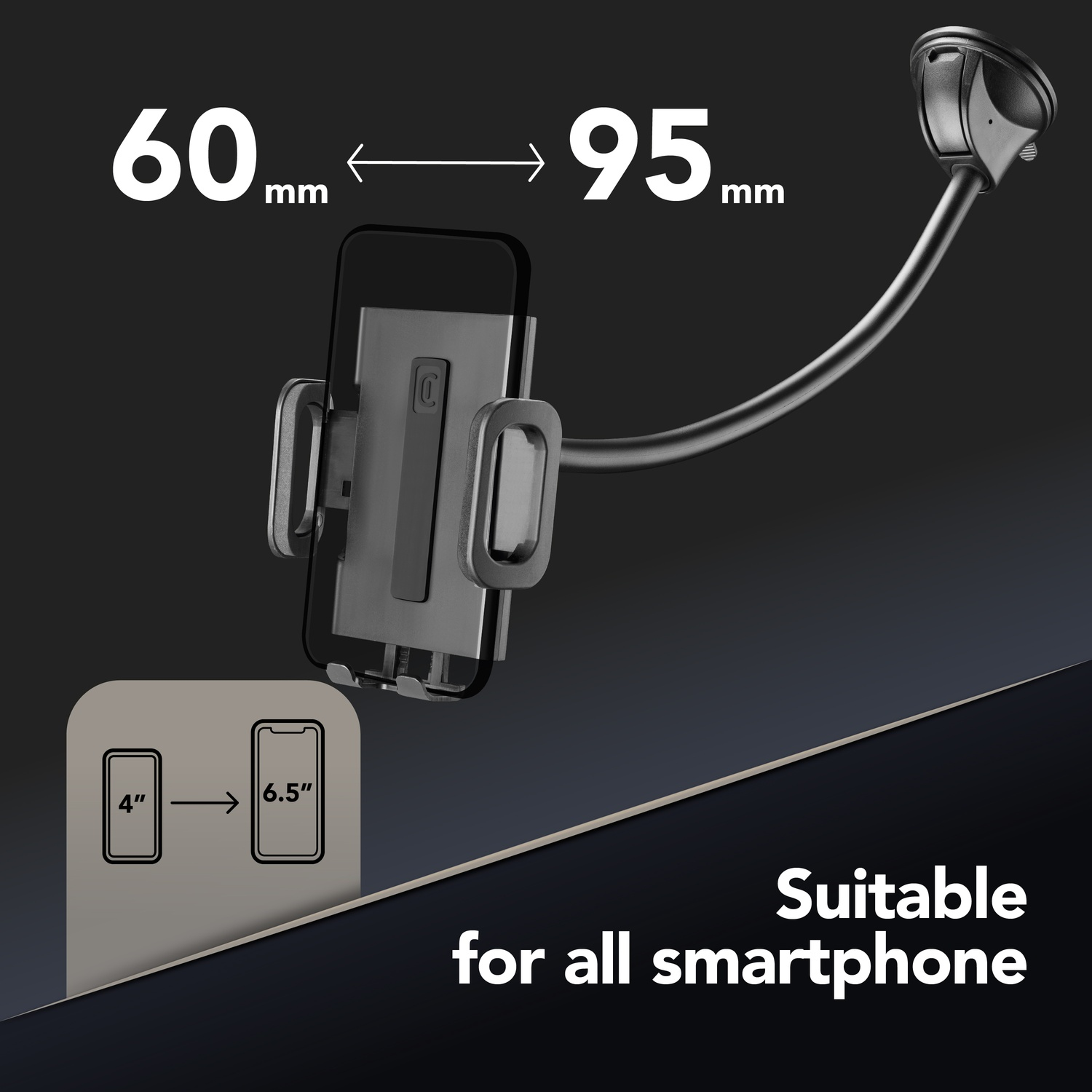 Supporto telefono: 60-95mm larghezza, schermi 4-6.5 pollici. Adatto a tutti.