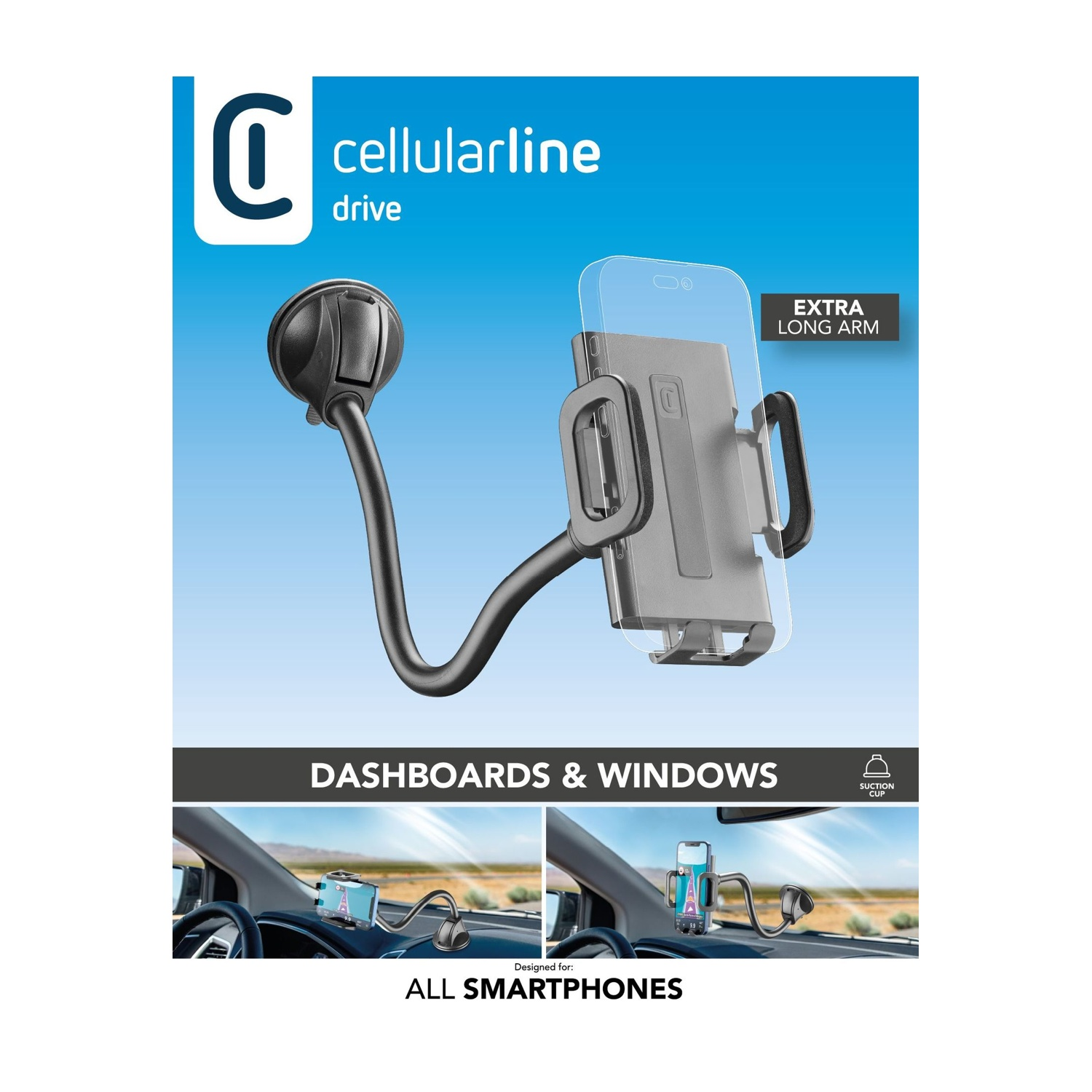Supporto per auto Cellularline con ventosa e braccio extra lungo per cruscotti/finestrini.