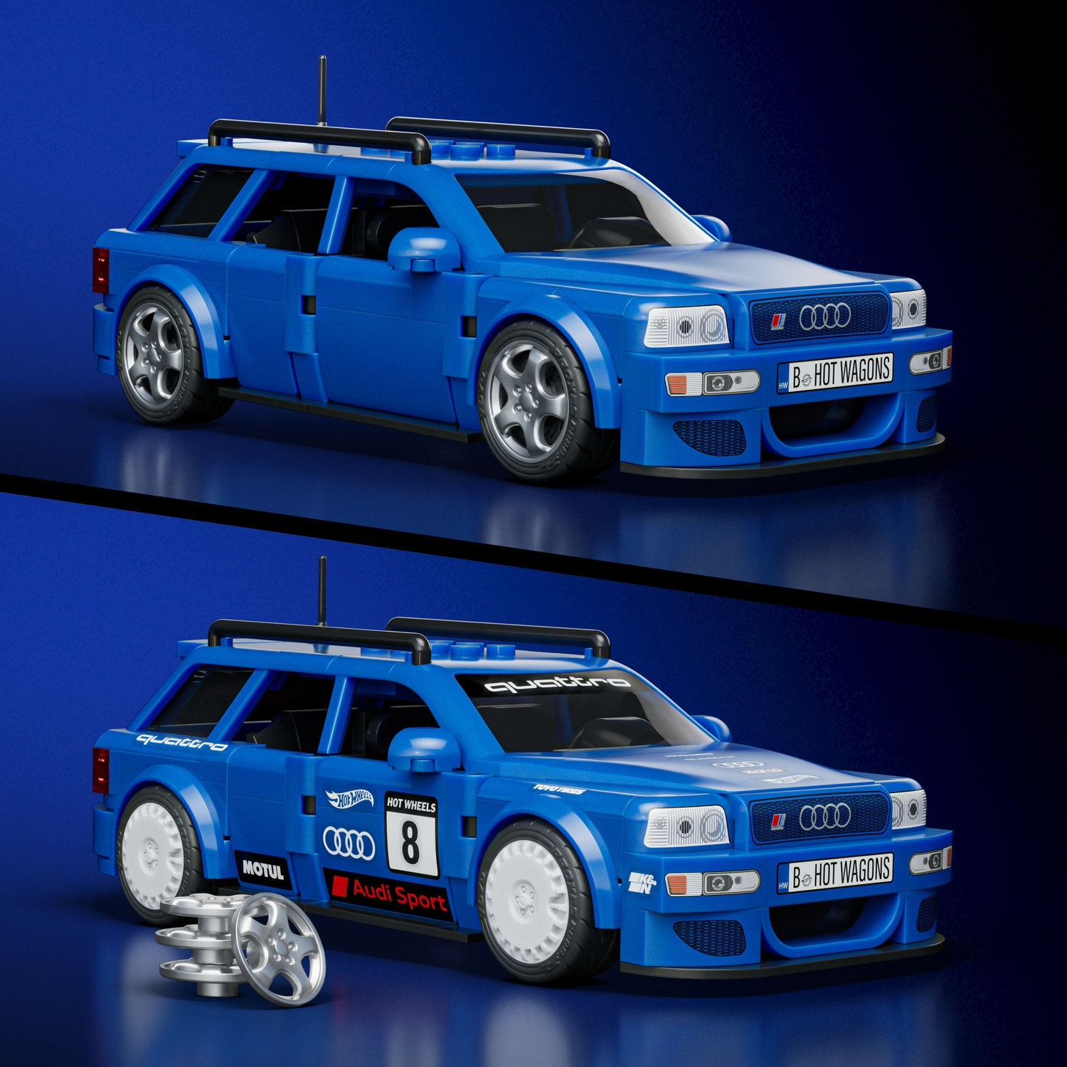 Una macchina blu Audi RS2 Lego con ruote argentate siede su uno sfondo blu.