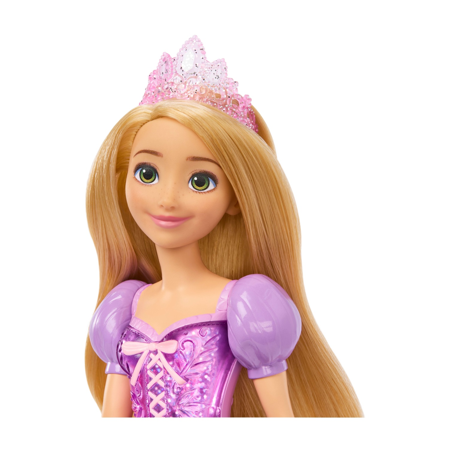 Una bambola con lunghi capelli biondi, indossa una corona rosa e un vestito viola.