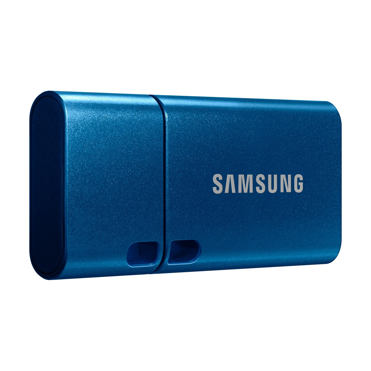 Unità USB Samsung blu con finitura liscia, su sfondo bianco.