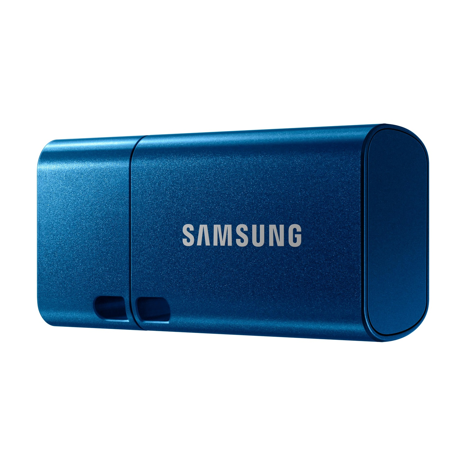 Una piccola chiavetta USB blu metallizzata con logo Samsung.