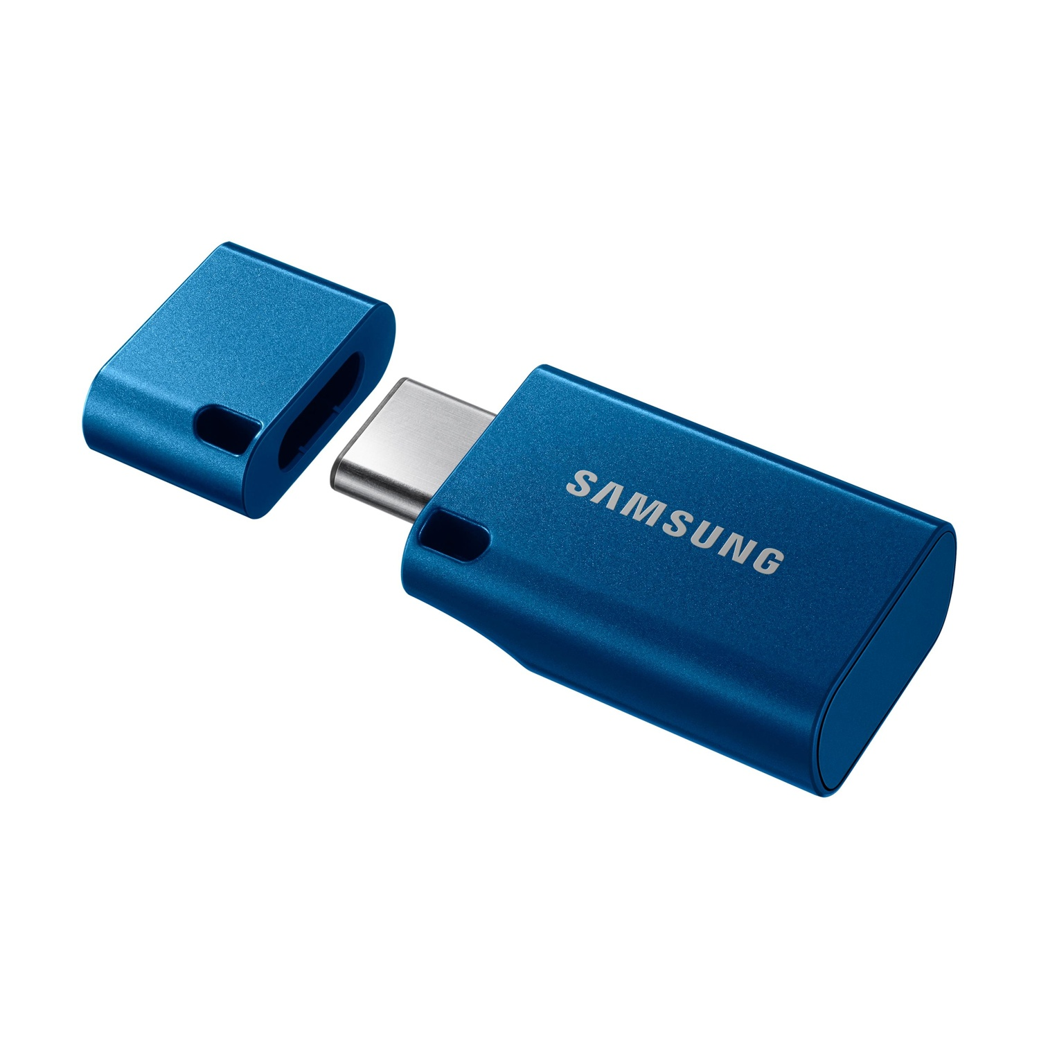 Unità USB-C Samsung blu con cappuccio rimosso, connettore argentato.