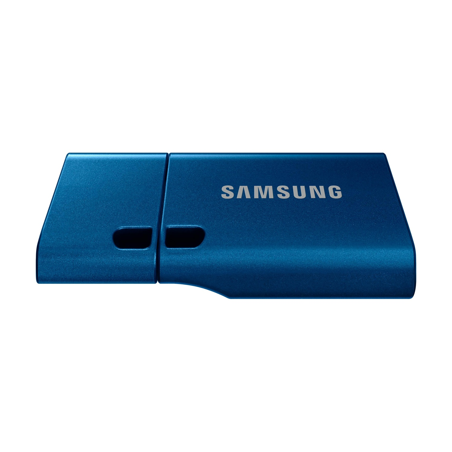 Un'unità USB Samsung blu è mostrata su sfondo bianco.