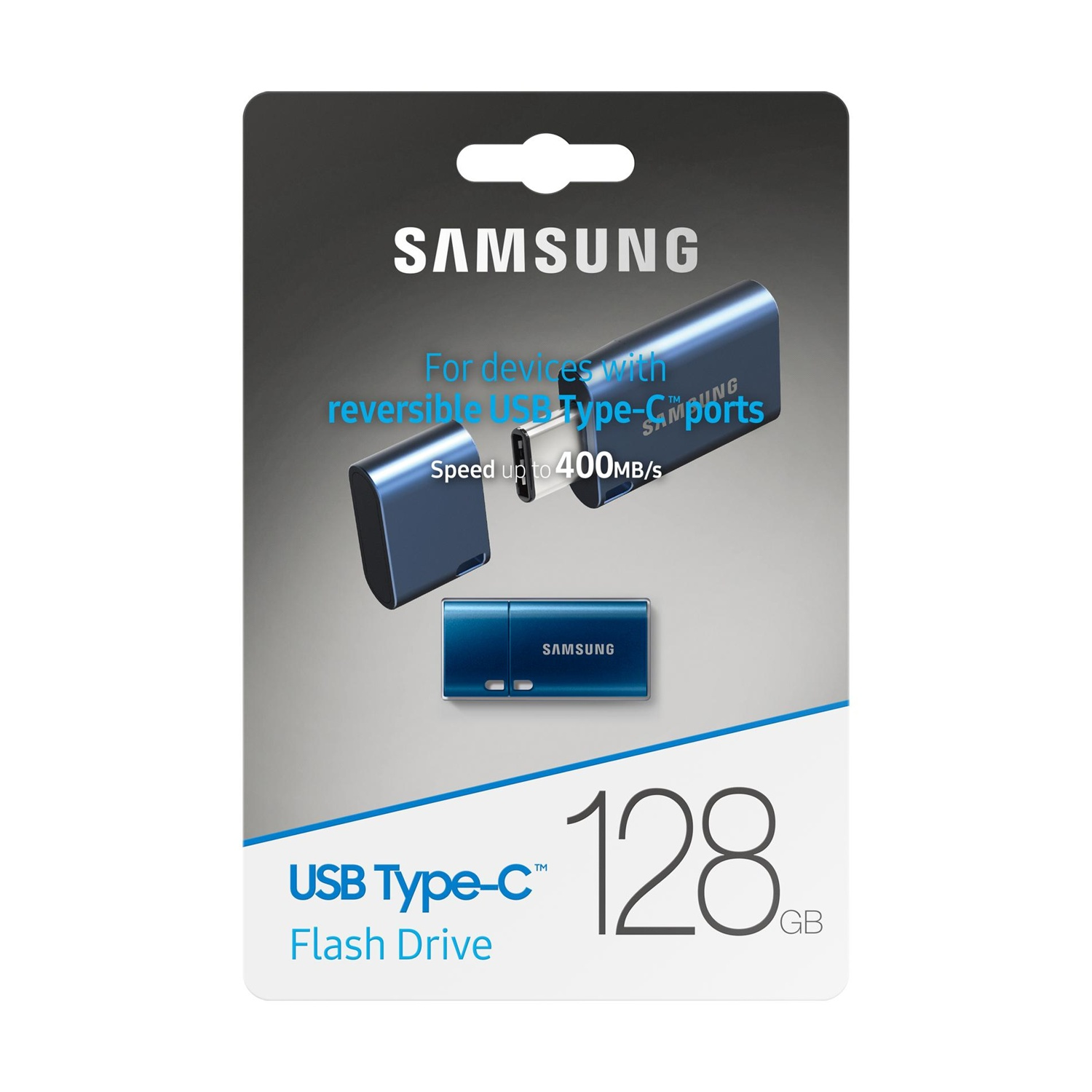 Flash drive Samsung USB Type-C, 128 GB, blu, con velocità 400 MB/s.