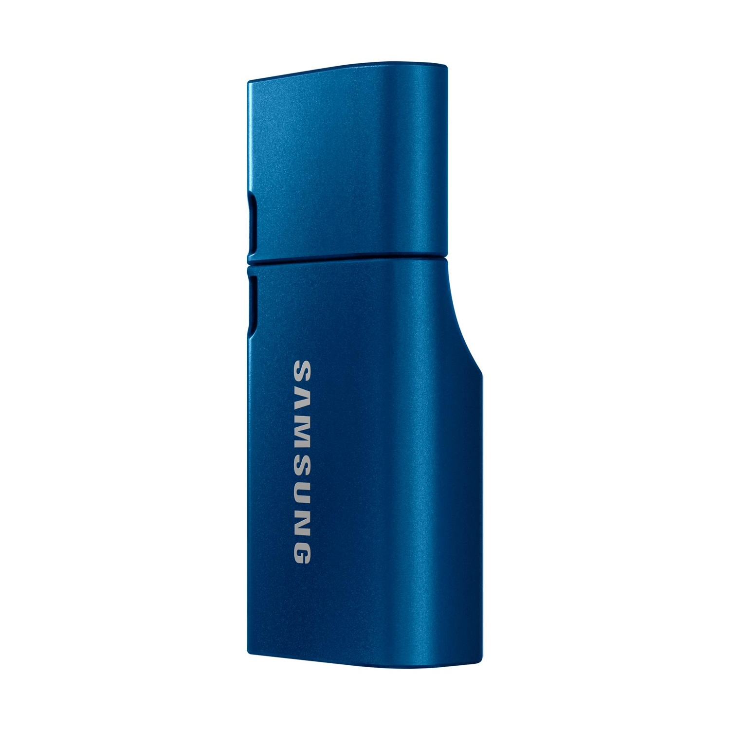 Un'unità USB Samsung blu con finitura metallica liscia e opaca.