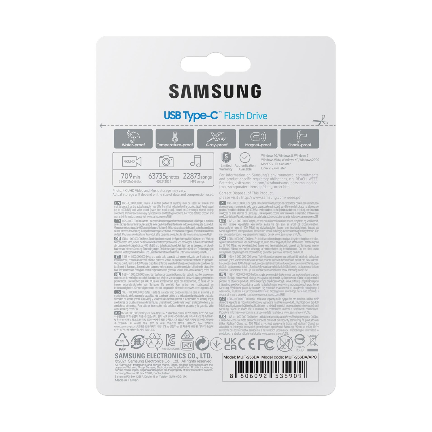 Confezione Samsung USB Type-C Flash Drive con icone per resistenza acqua, temperatura, raggi X, magnetica e urti.