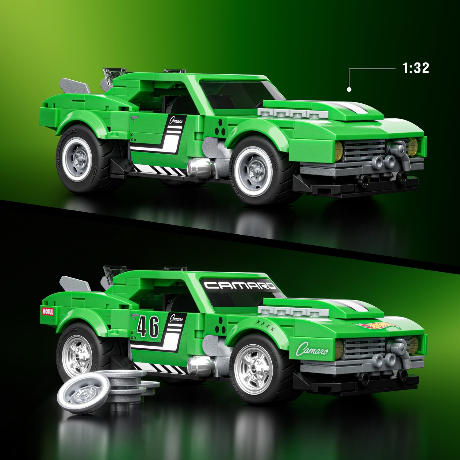 Camaro Lego verde con decalcomanie e pezzi di ricambio.