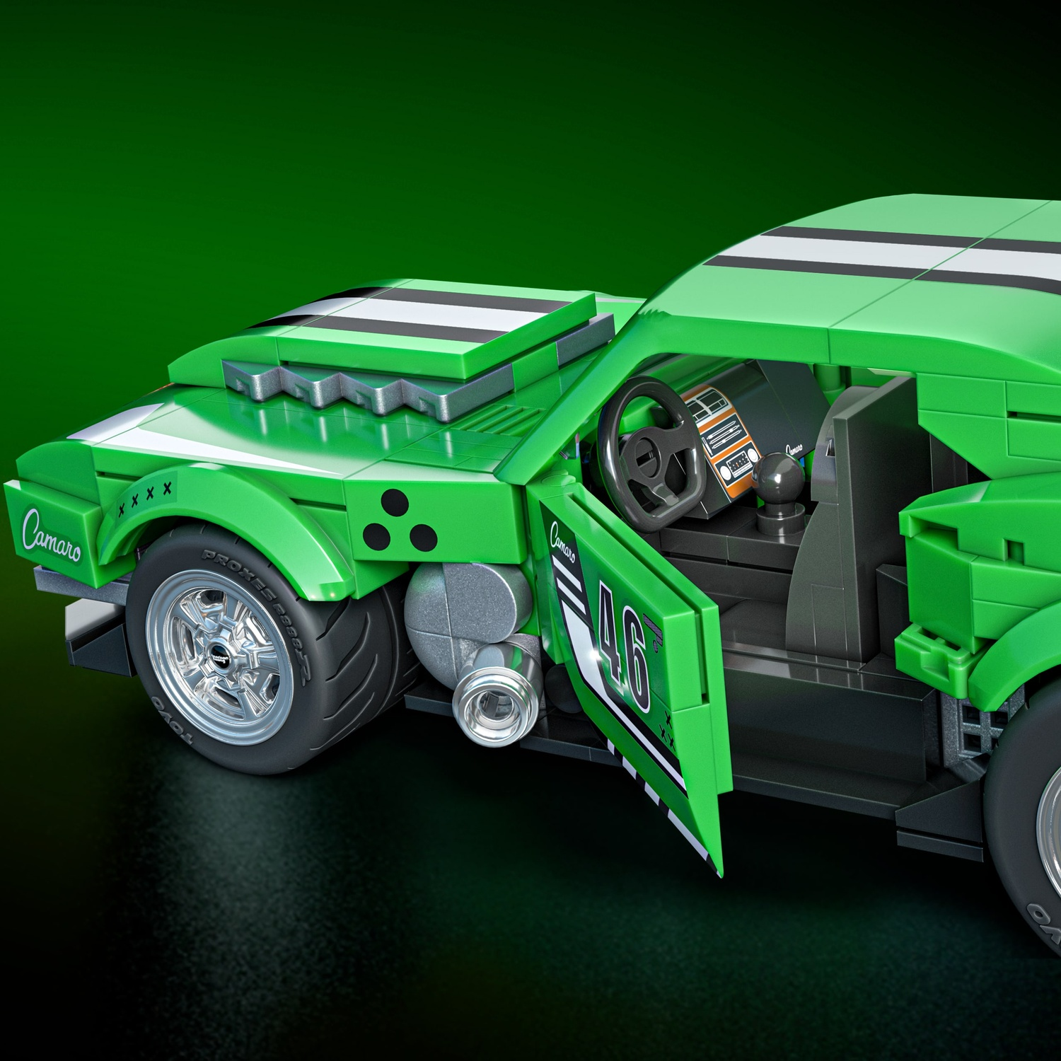 Un modello di auto sportiva Lego verde con portiera aperta, interni dettagliati e numero 46.
