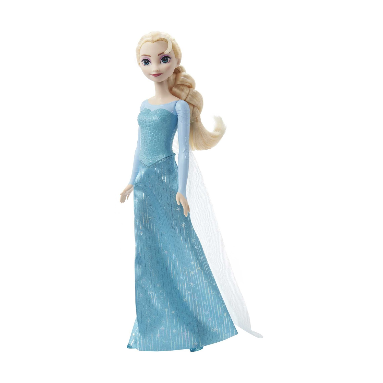 Bambola di Elsa con capelli biondi, indossa un vestito blu e mantello bianco.