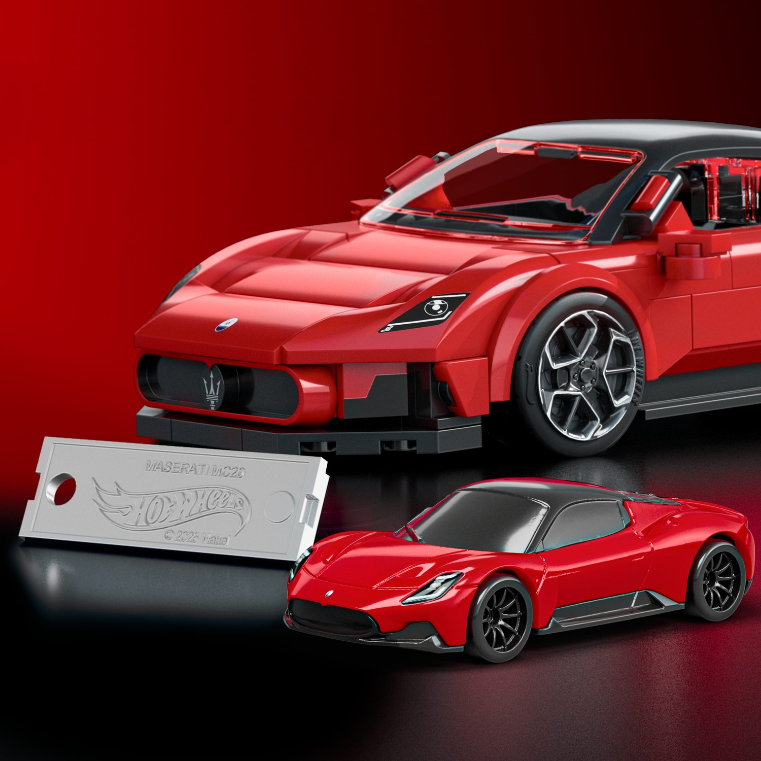 Due auto Maserati rosse, una Lego, con targa argentata.