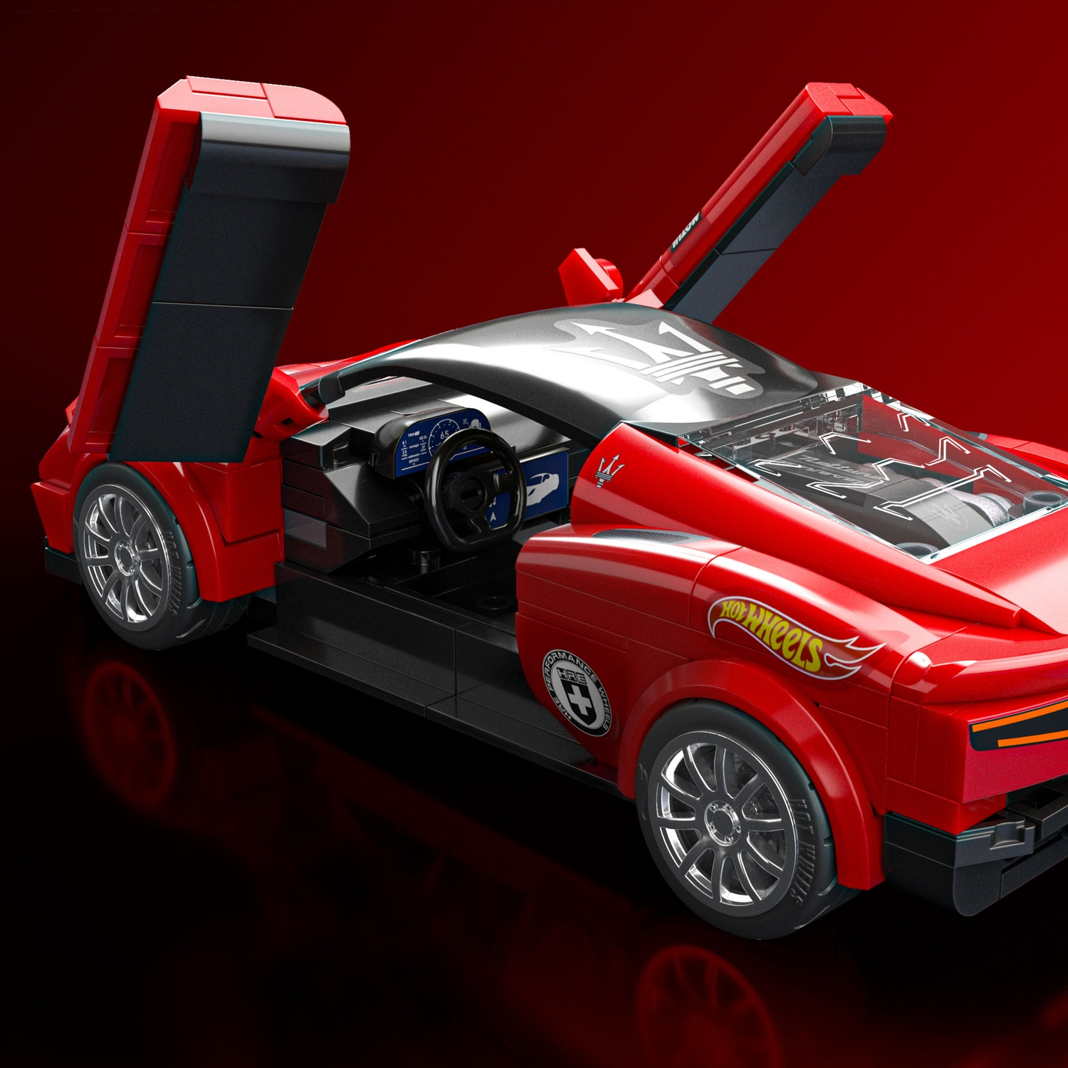 Una macchina Lego rossa con portiere a farfalla aperte, su sfondo rosso.