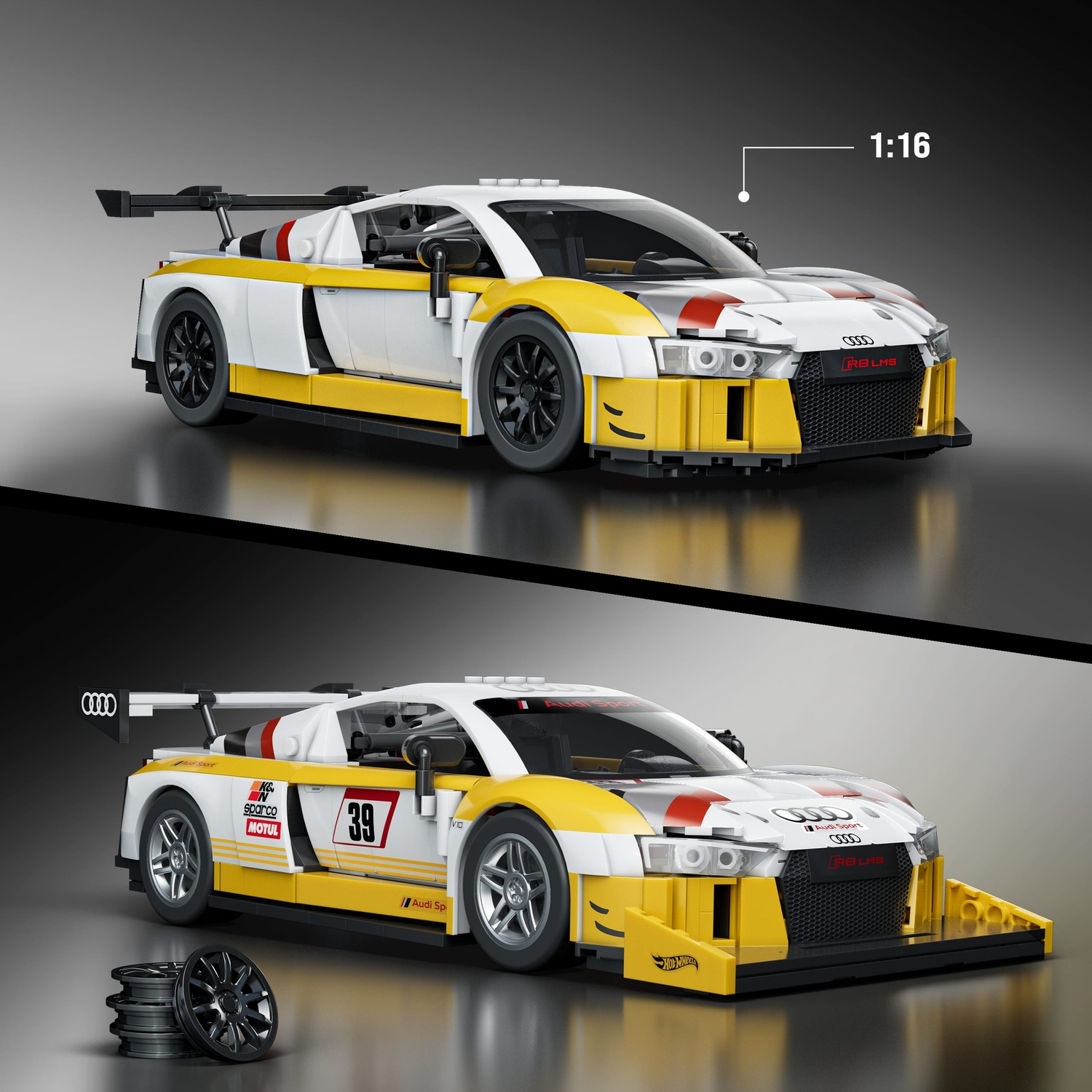 Un'auto da corsa Lego Audi R8 LMS bianca e gialla con alettone e ruote nere.