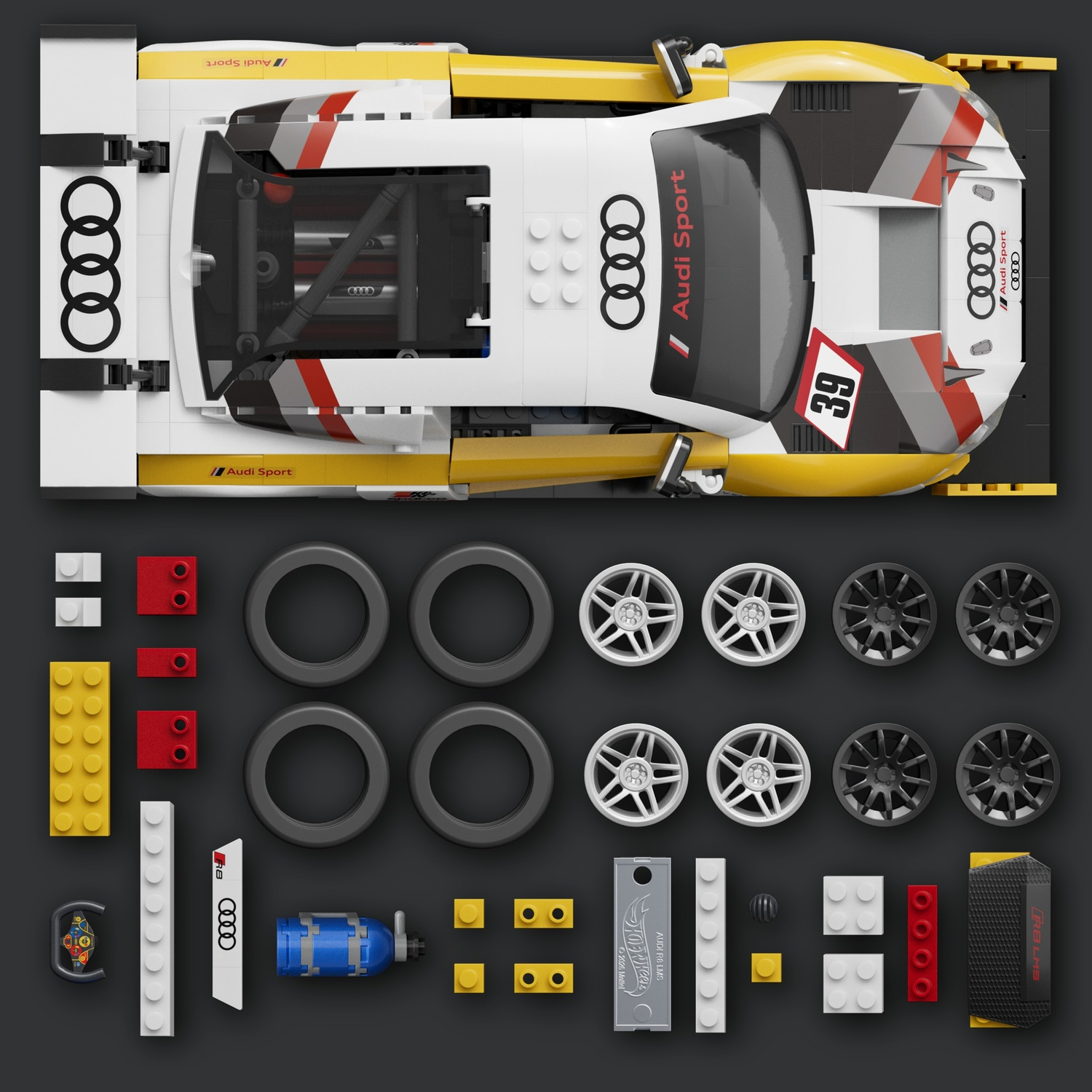 Un'auto da corsa Lego Audi e le sue parti singole su sfondo nero.