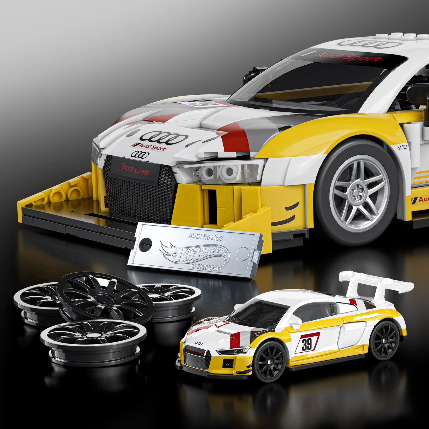 Un modello Lego di un'auto da corsa Audi R8 LMS con accessori.