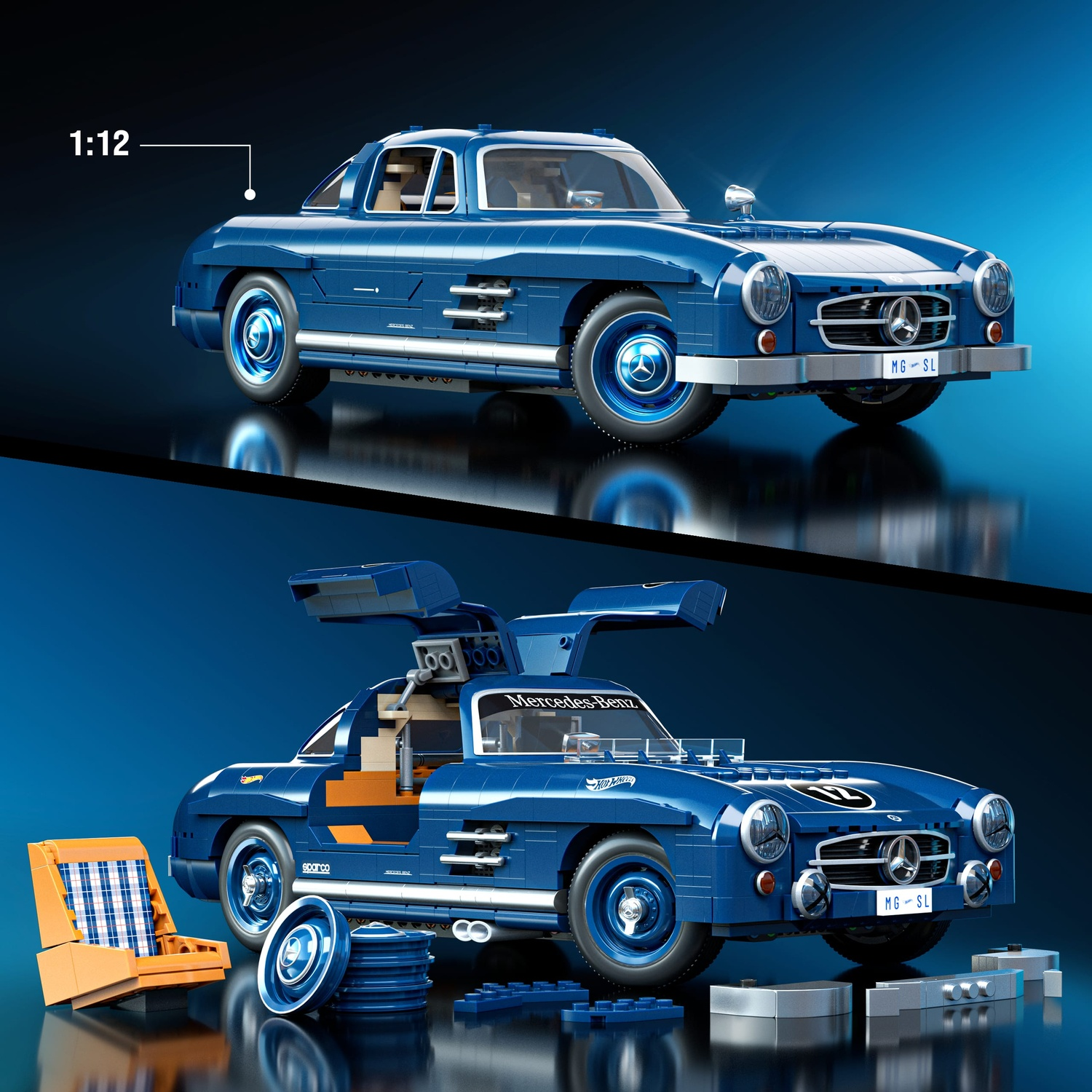 Modellino auto Mercedes Gullwing Lego blu, una con portiere chiuse, una aperte.