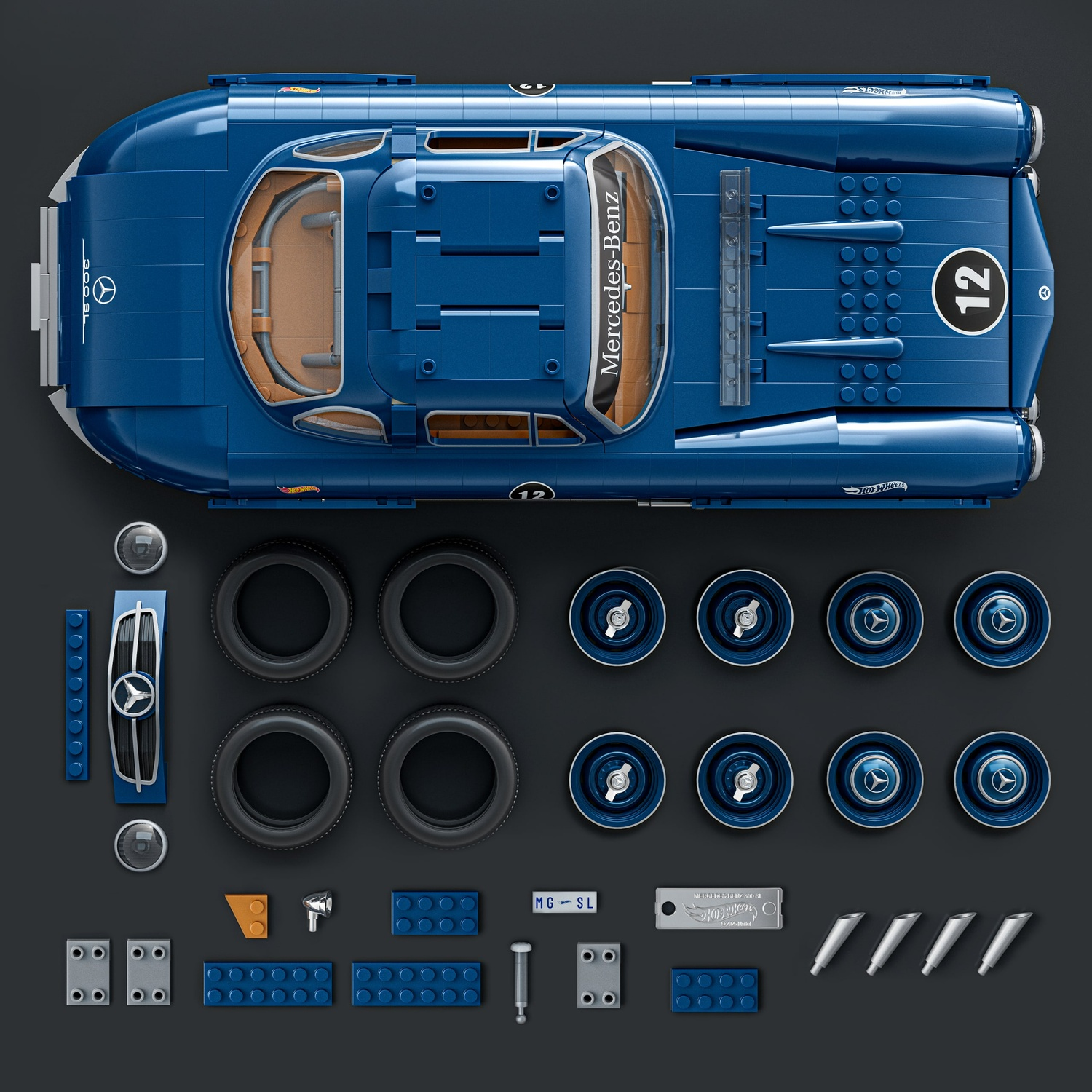 Mercedes Lego blu con tutte le parti di costruzione.