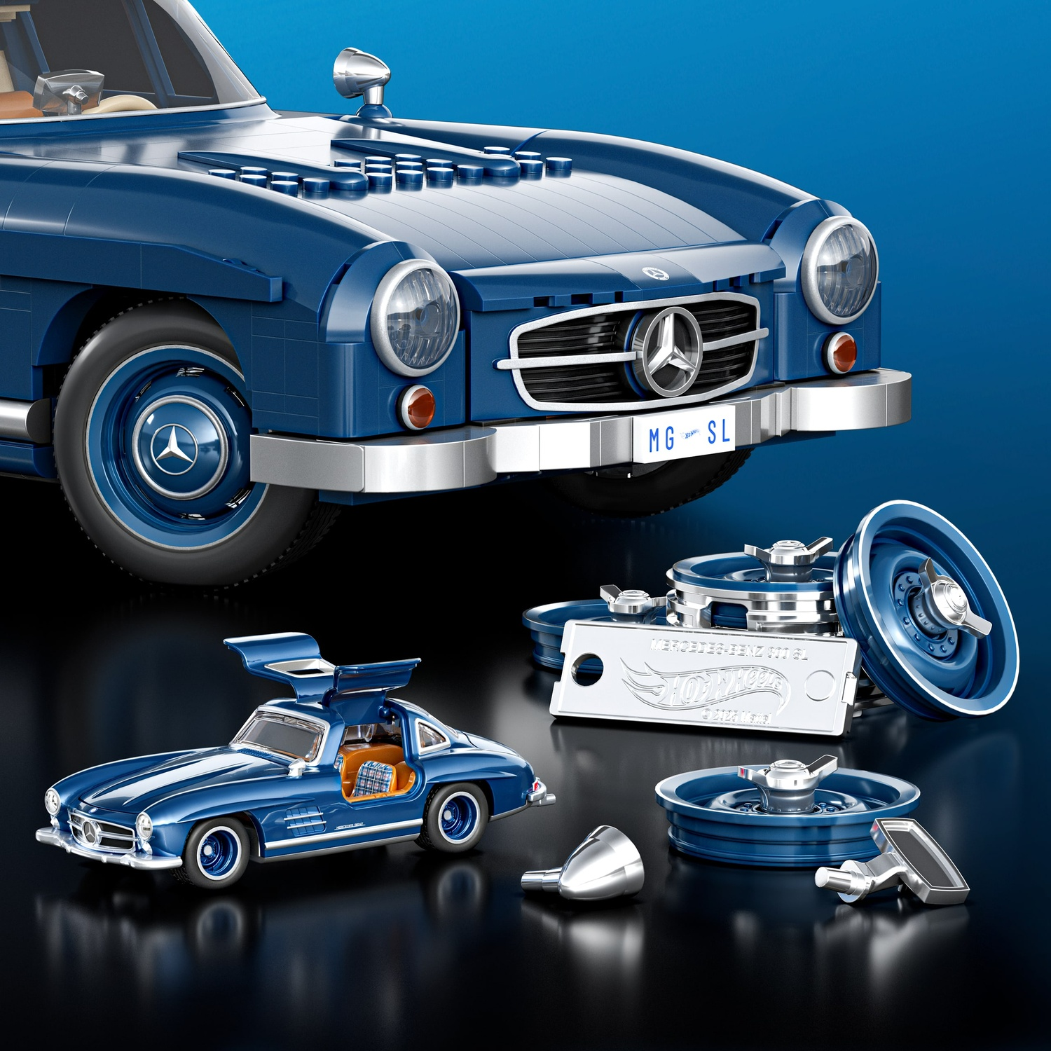 Modello Lego blu Mercedes 300 SL con portiere aperte e ruote extra.