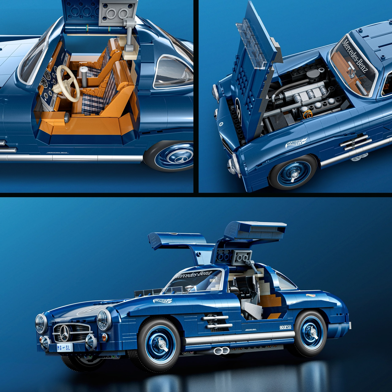 Modello blu Lego Mercedes-Benz 300 SL Ali di Gabbiano. Porte e cofano aperti. Interni e motore dettagliati.