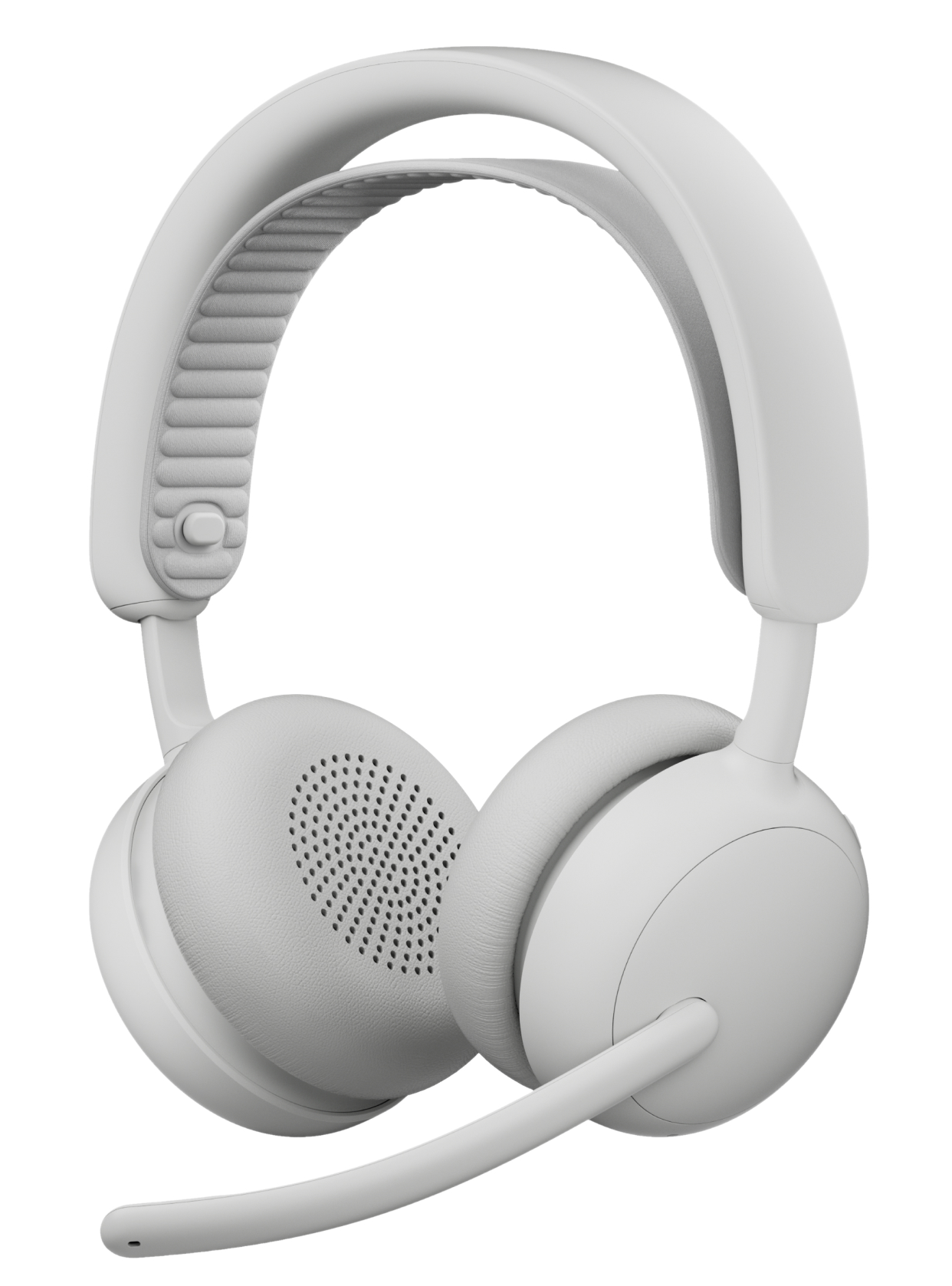 Białe słuchawki z mikrofonem na czarnym tle.