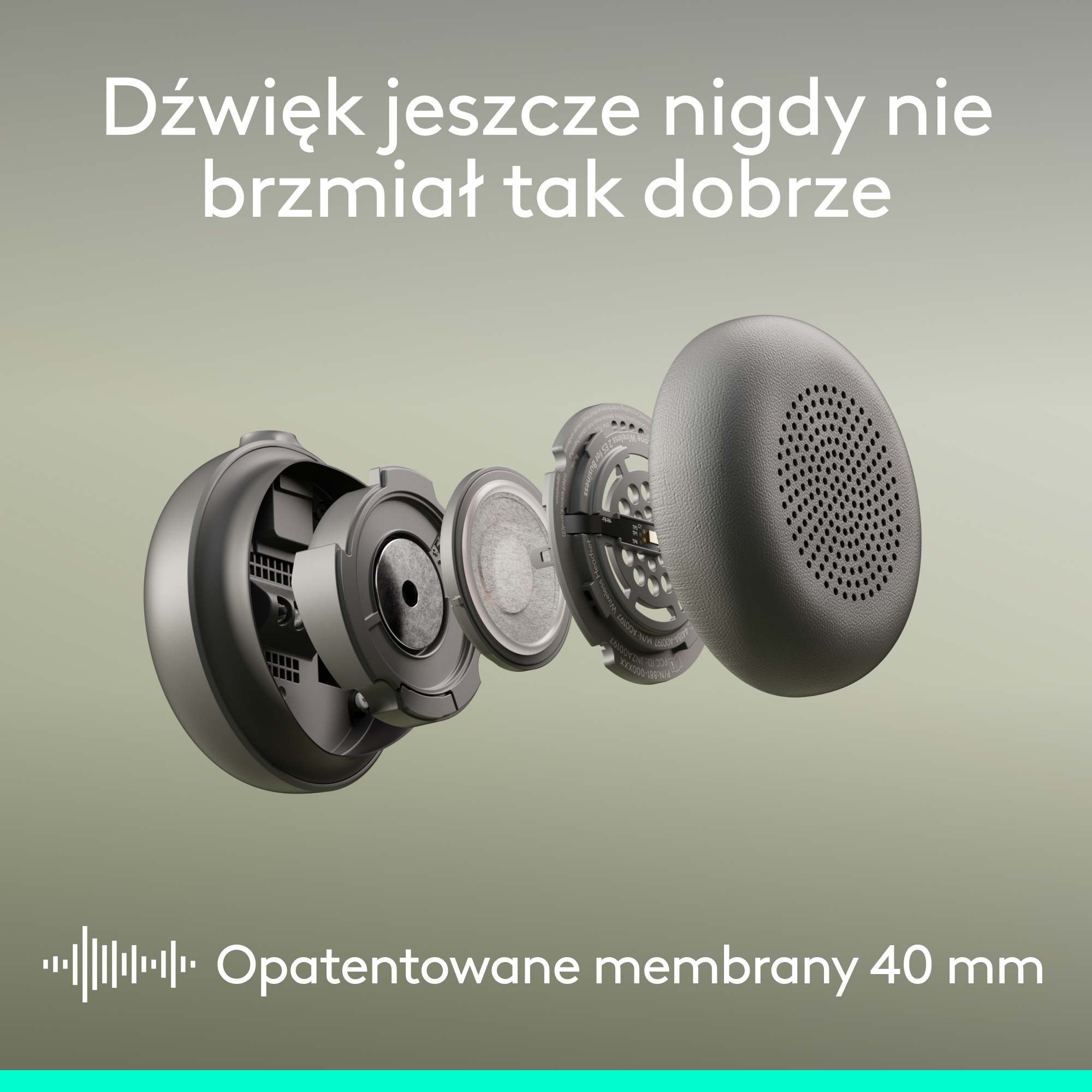 Widok rozstrzelony słuchawek pokazujący opatentowane przetworniki 40 mm.