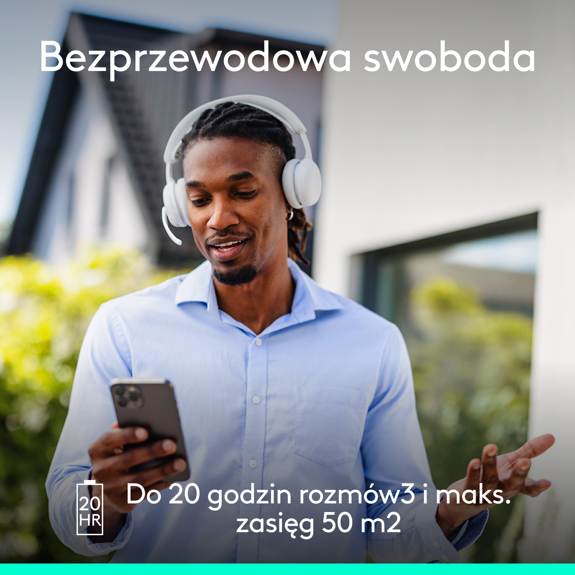 Mężczyzna w słuchawkach z telefonem, 20h rozmów, zasięg 50m.