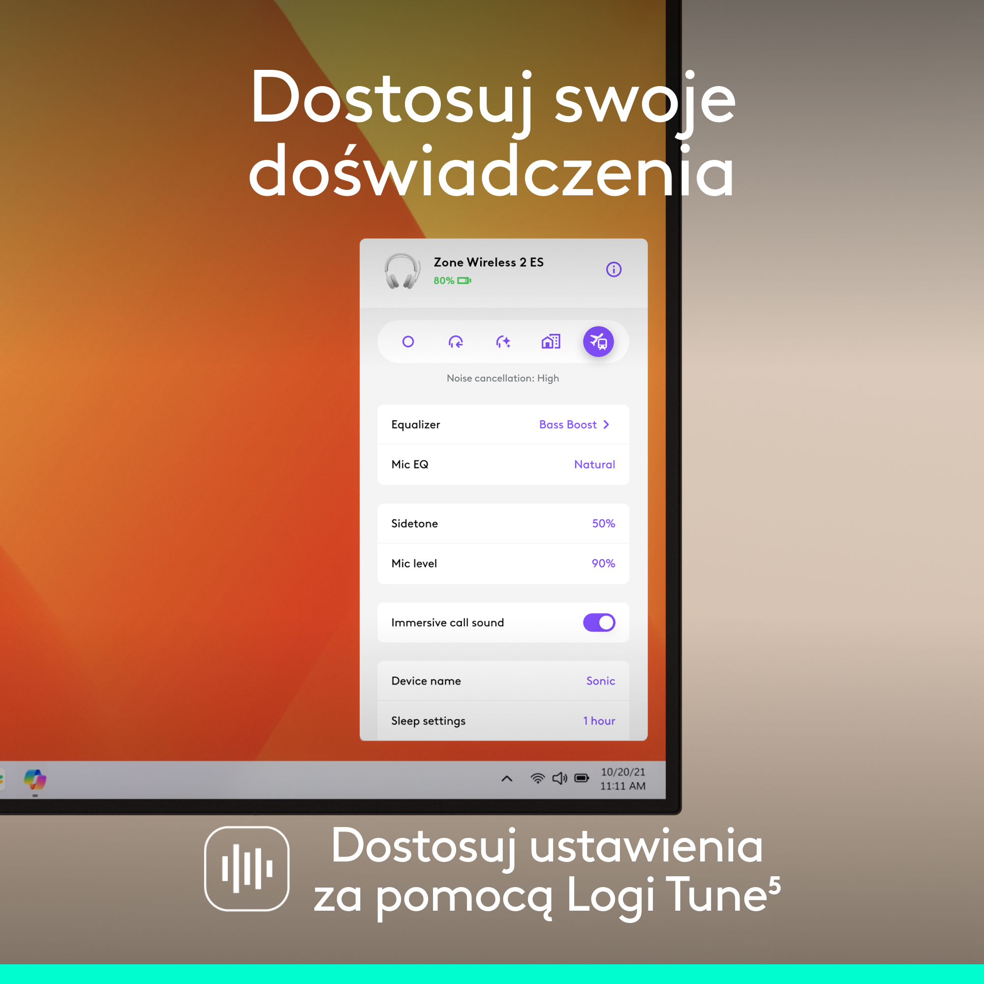 Oprogramowanie Logi Tune wyświetla ustawienia słuchawek: EQ, EQ mikrofonu, sidetone i redukcja hałasu.