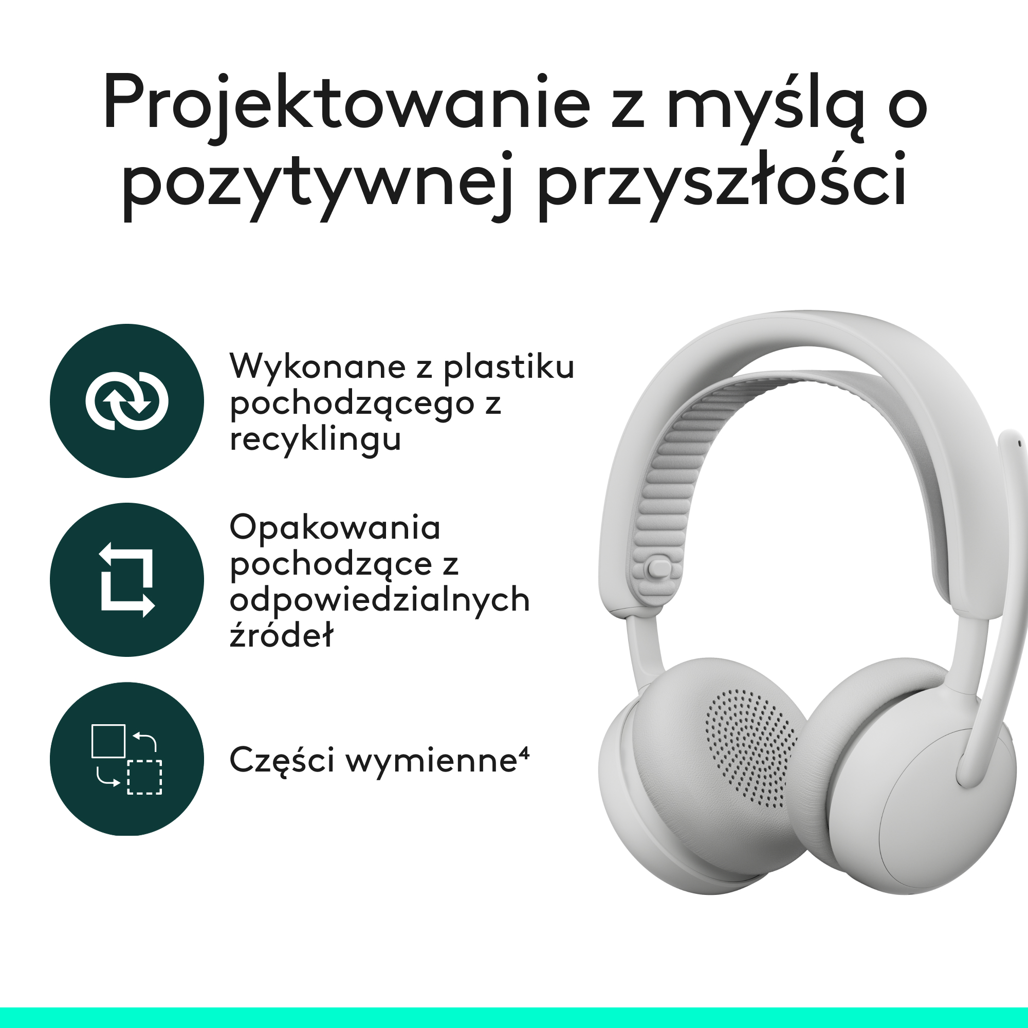 Białe słuchawki z ikonami recyklingu, zrównoważonego opakowania i części zamiennych.