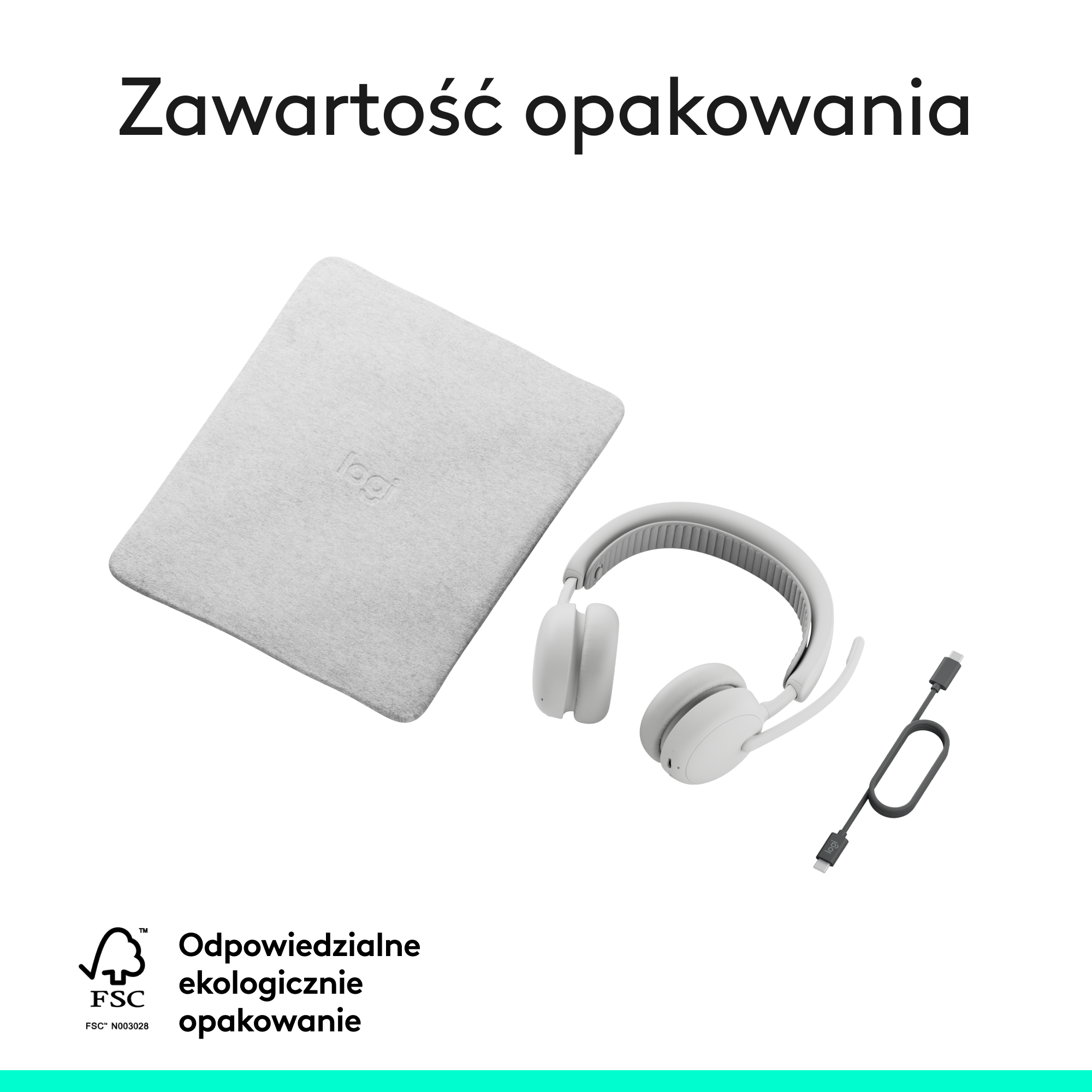 Jasnoszare słuchawki Logitech z portem ładowania i kablem, oraz etui.