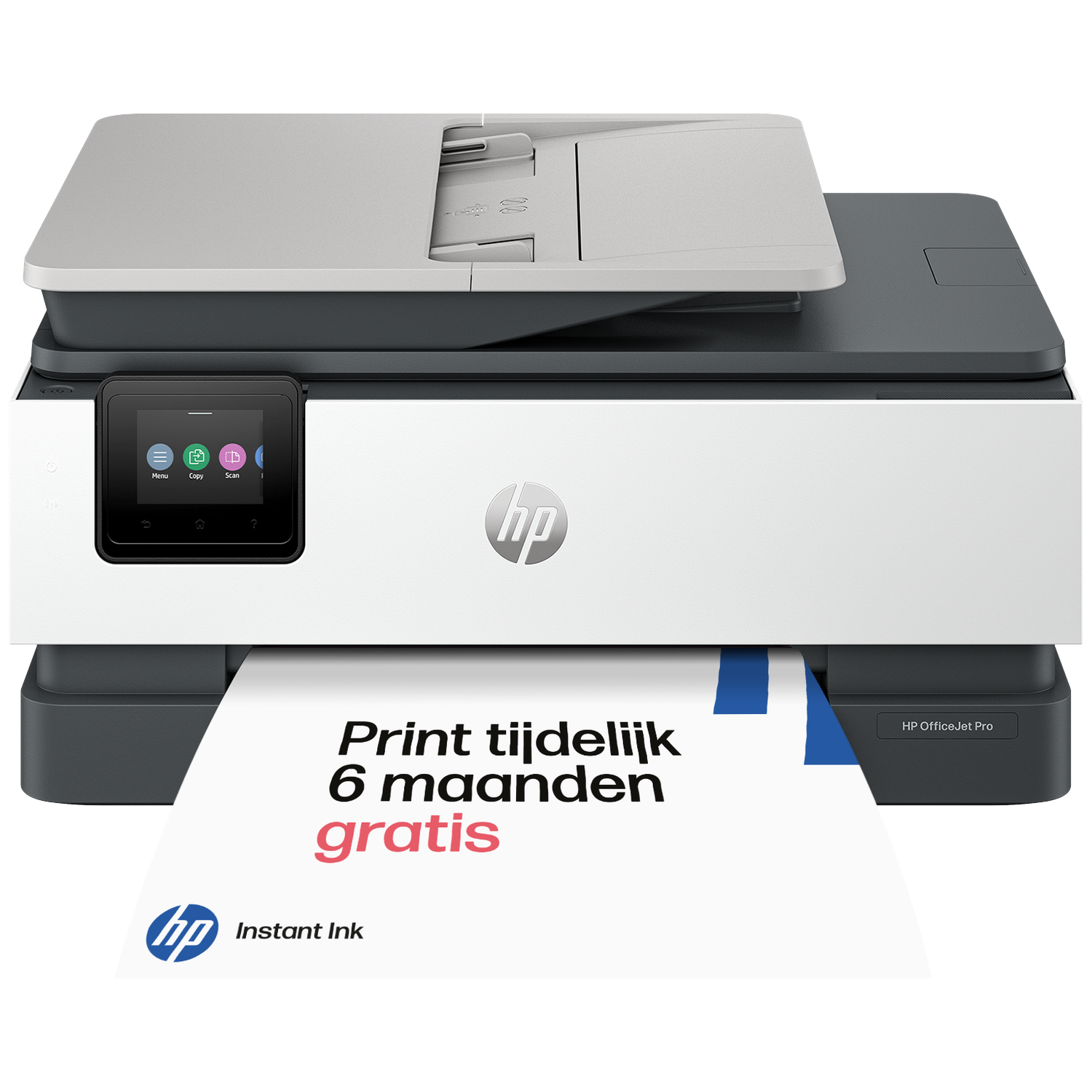 Een HP OfficeJet Pro printer print een vel met de tekst '6 maanden gratis'.