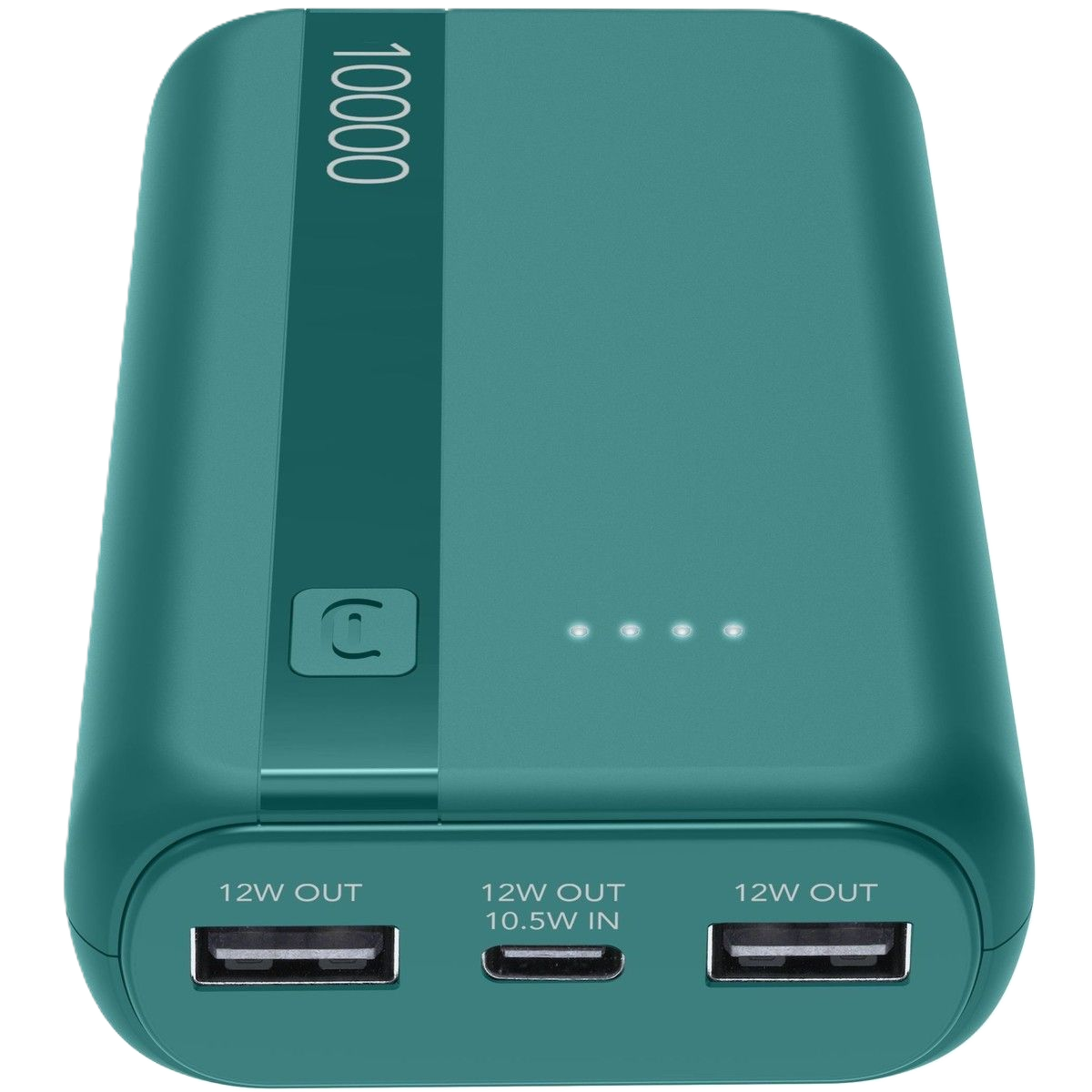 Ein türkisfarbener Powerbank mit 10000 mAh, drei USB-Anschlüssen und Ladeanzeigen.