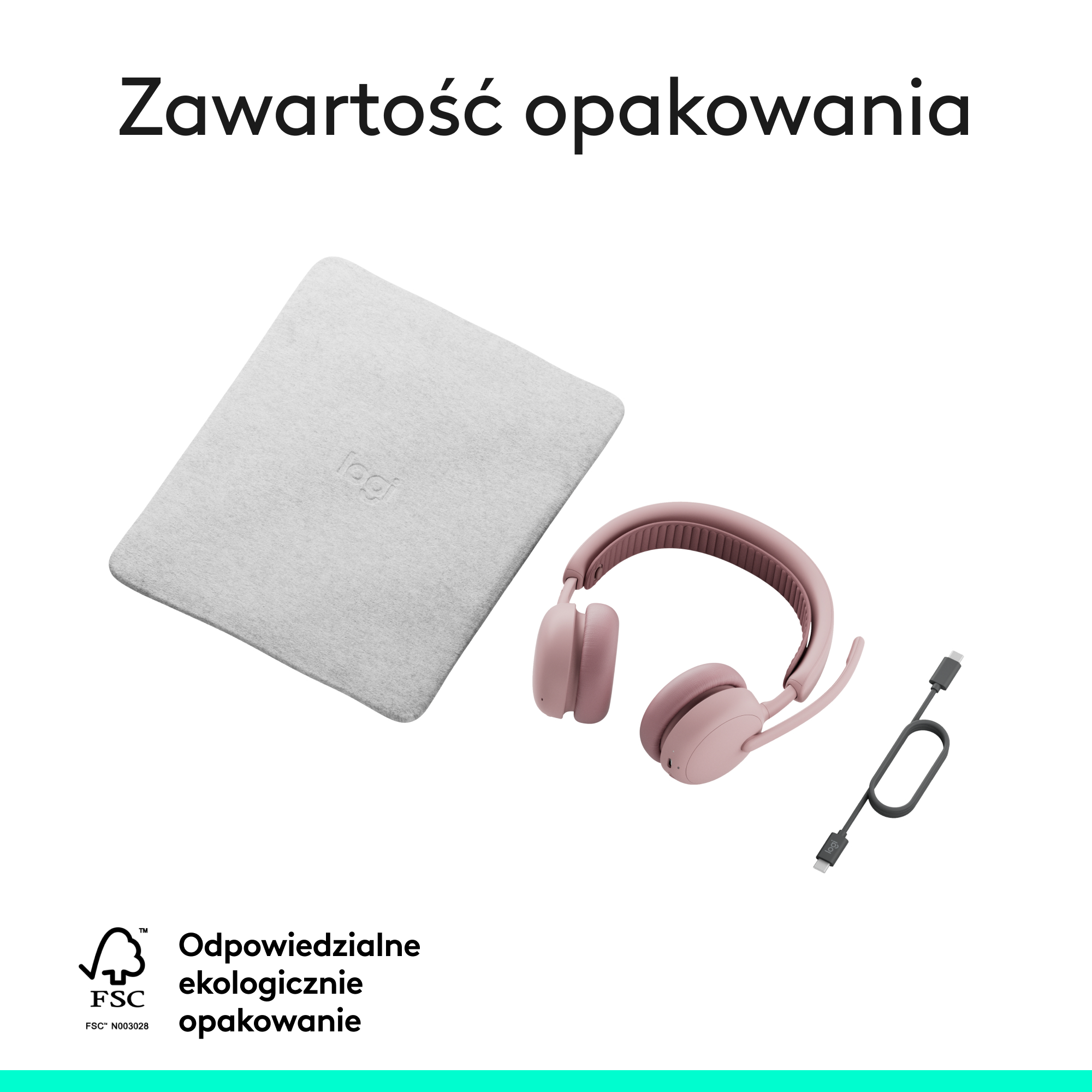 Szara torba Logitech, różowe słuchawki i kabel ładujący.