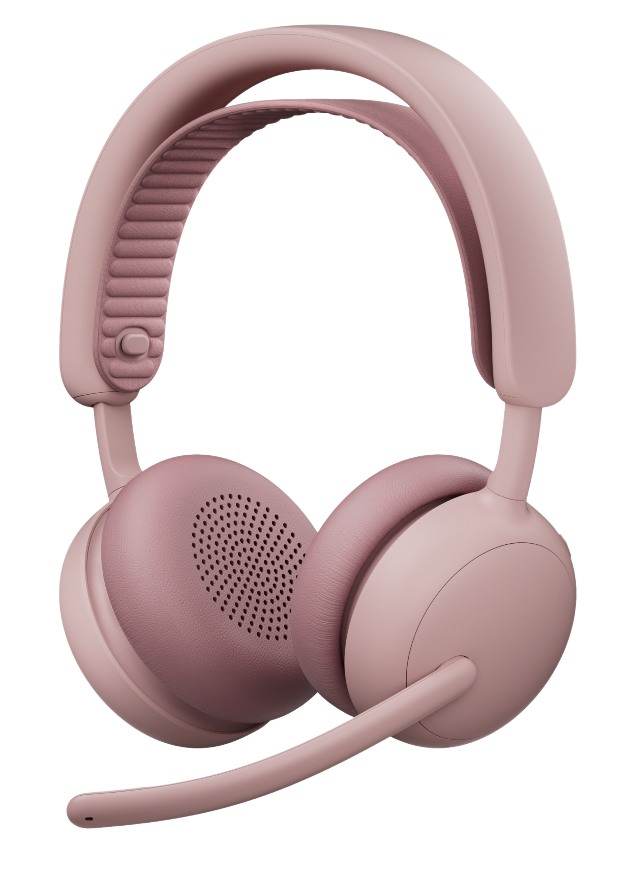 Różowe słuchawki z mikrofonem i wyściełanym pałąkiem.