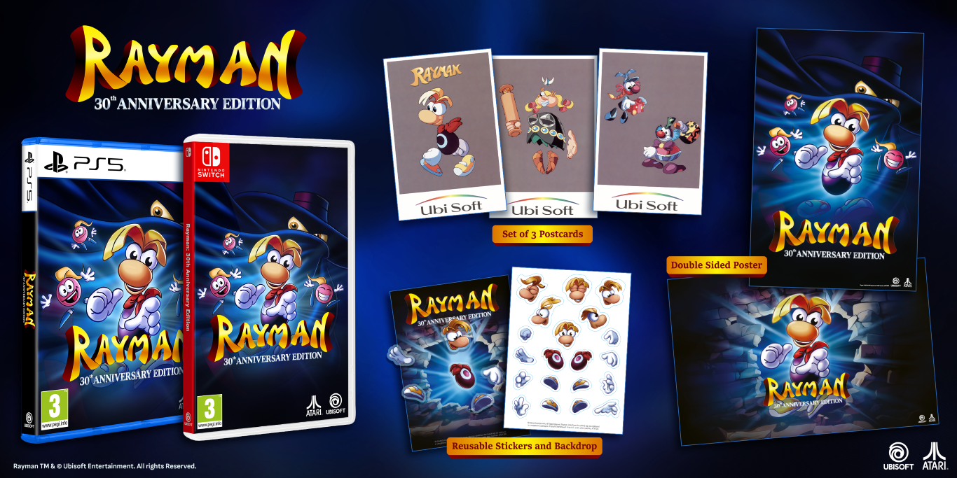 Rayman 30th Anniversary Edition: etui na gry, pocztówki, naklejki i plakaty.