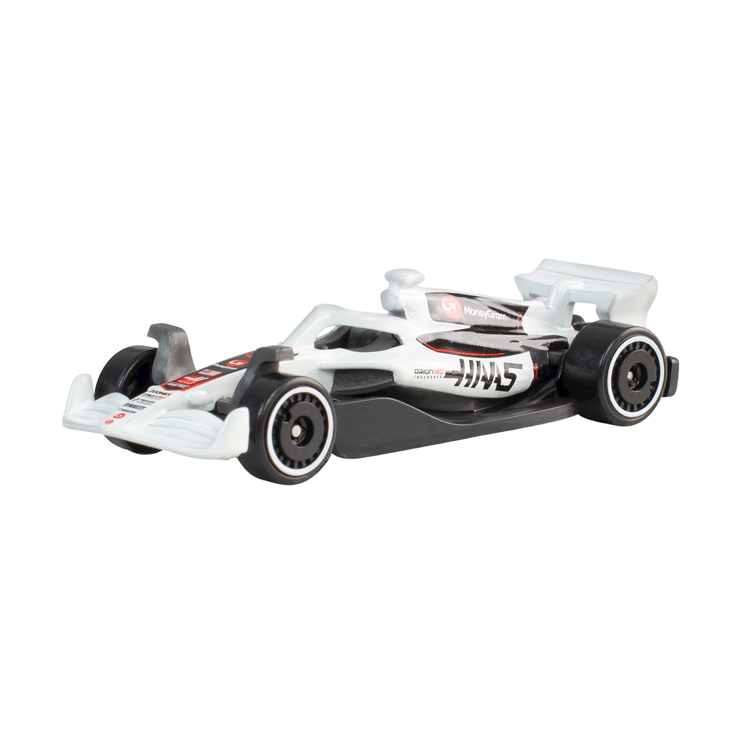 Auto giocattolo Haas F1 bianca e nera con accenti rossi e logo.