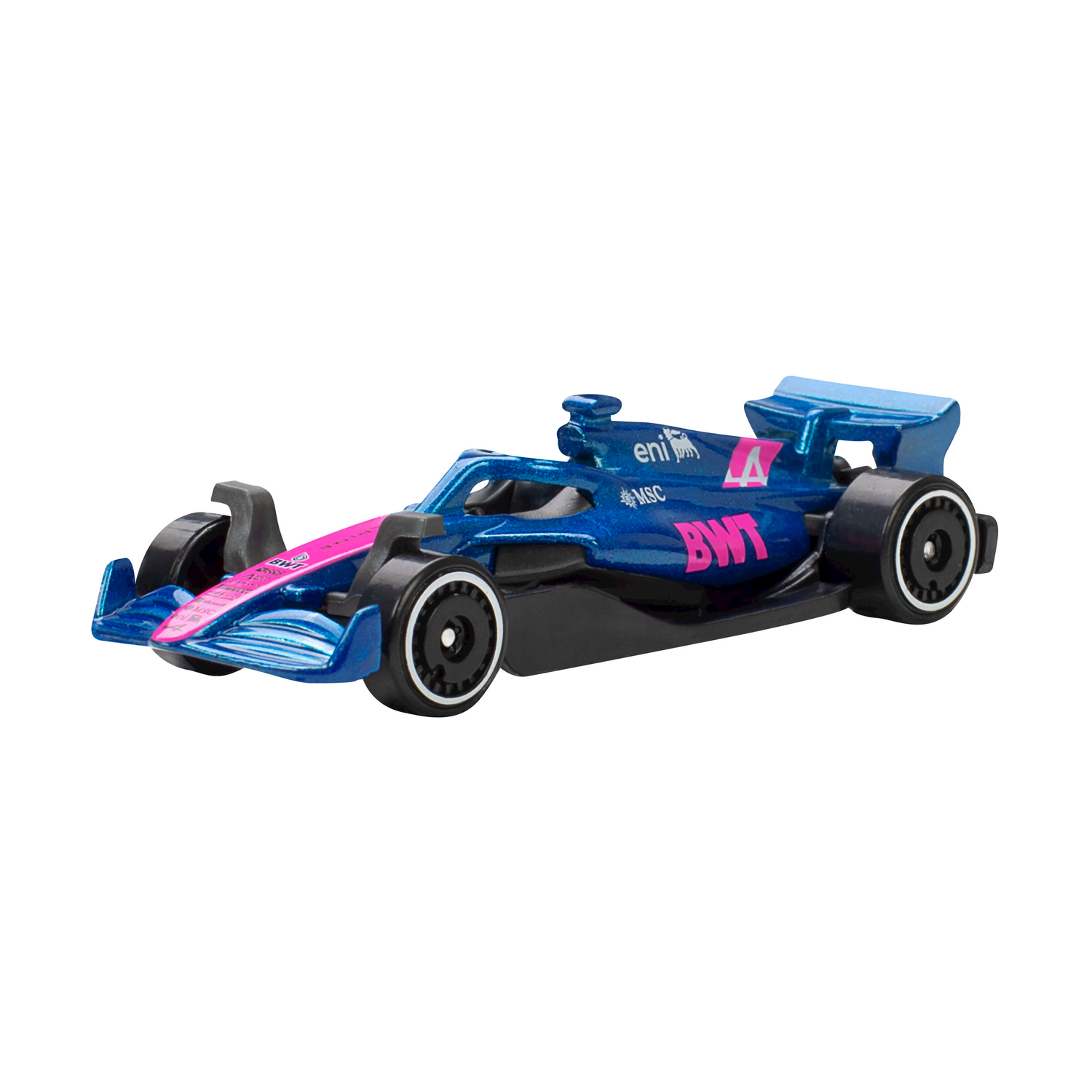 Una macchina da corsa di Formula 1 blu con accenti rosa e marchio BWT.