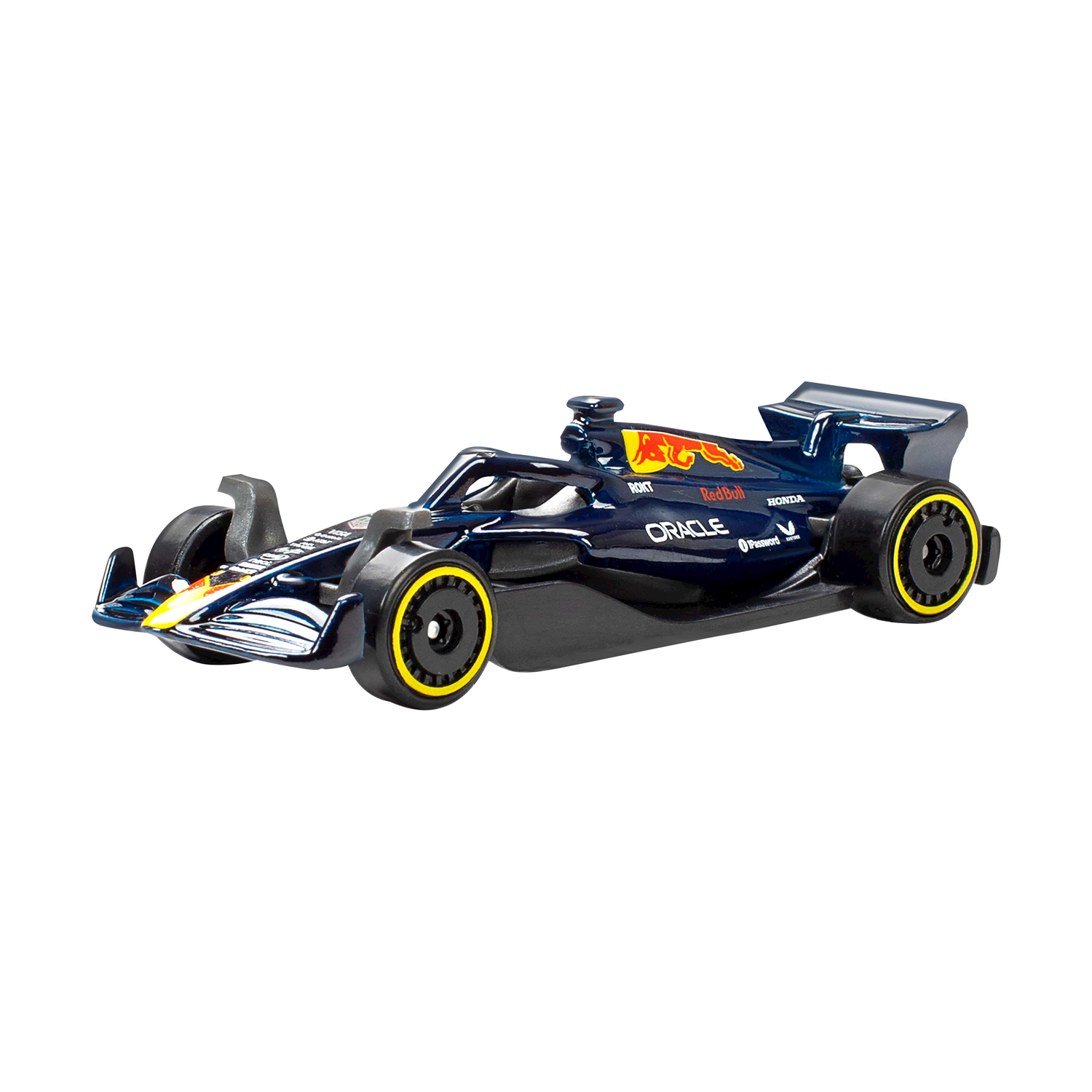 Un'auto da corsa di Formula 1 blu scuro con cerchioni e loghi gialli.
