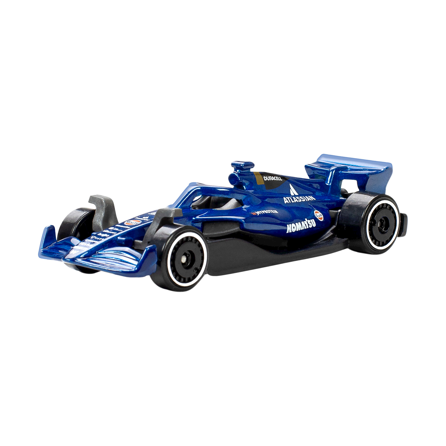 Un'auto da corsa blu di Formula 1 con accenti neri e cerchi bianchi.