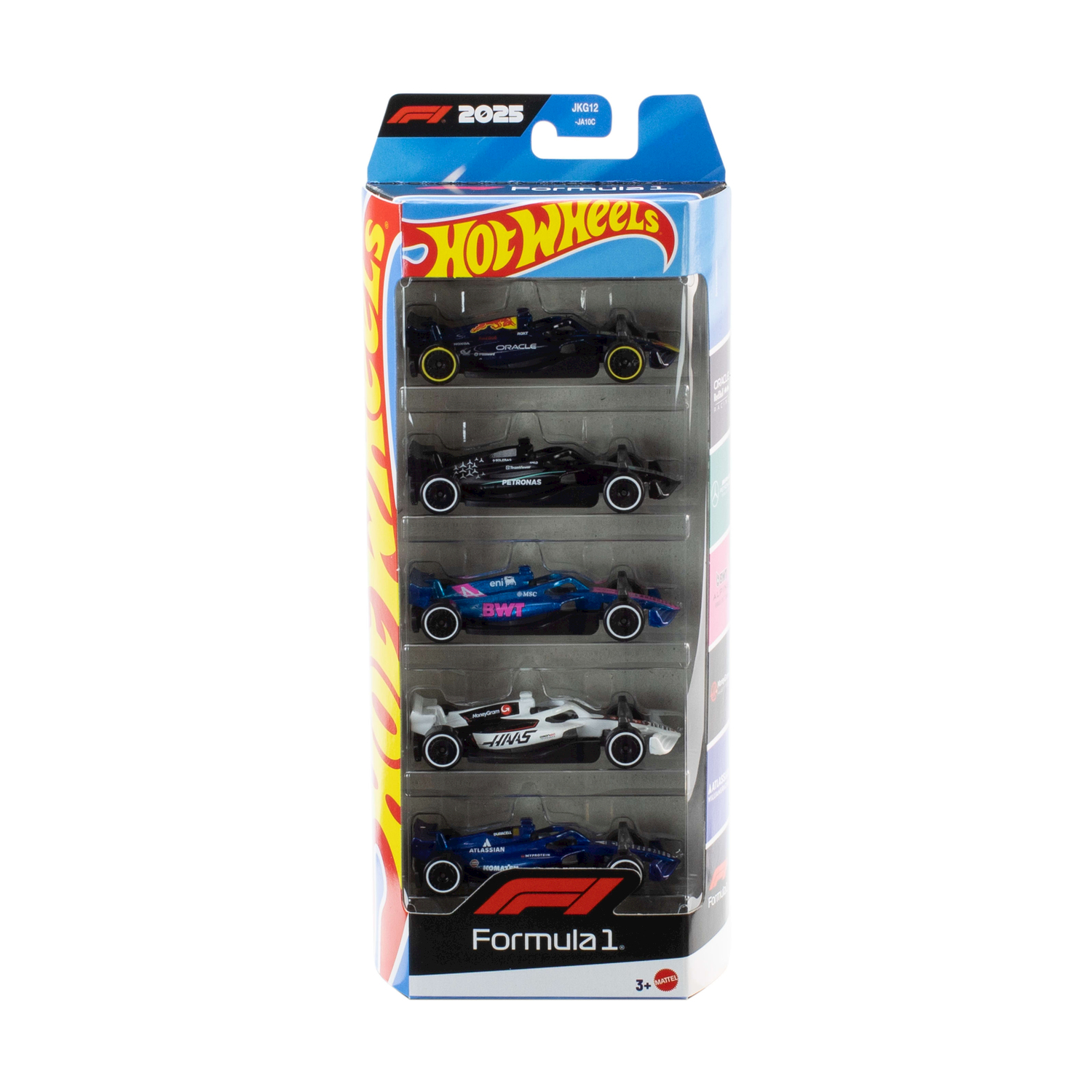 Confezione da 5 auto Hot Wheels F1: auto nere, blu, bianche e blu.
