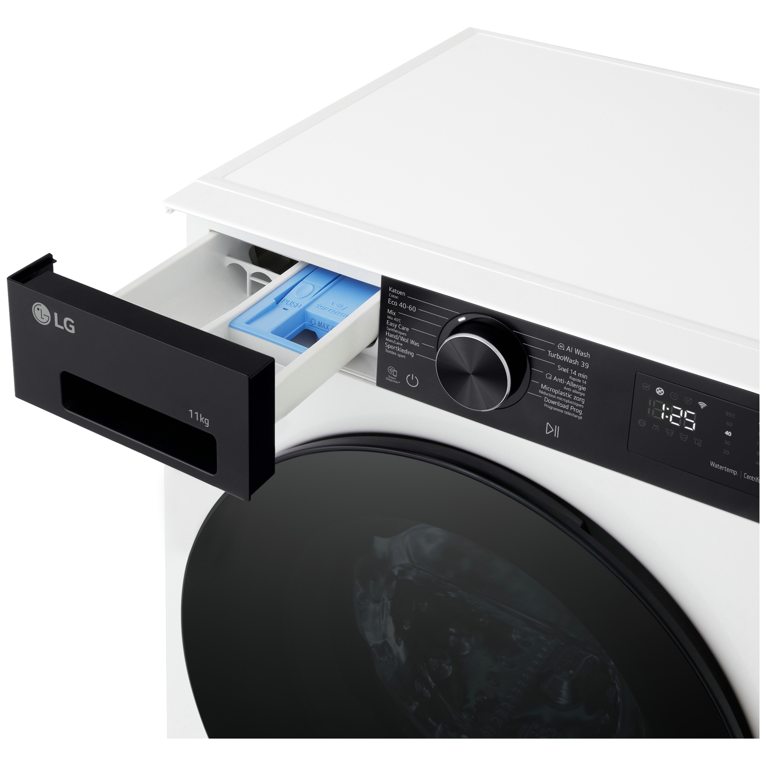 Een wasmachine met uitgetrokken wasmiddellade, zwarte handgreep en display.