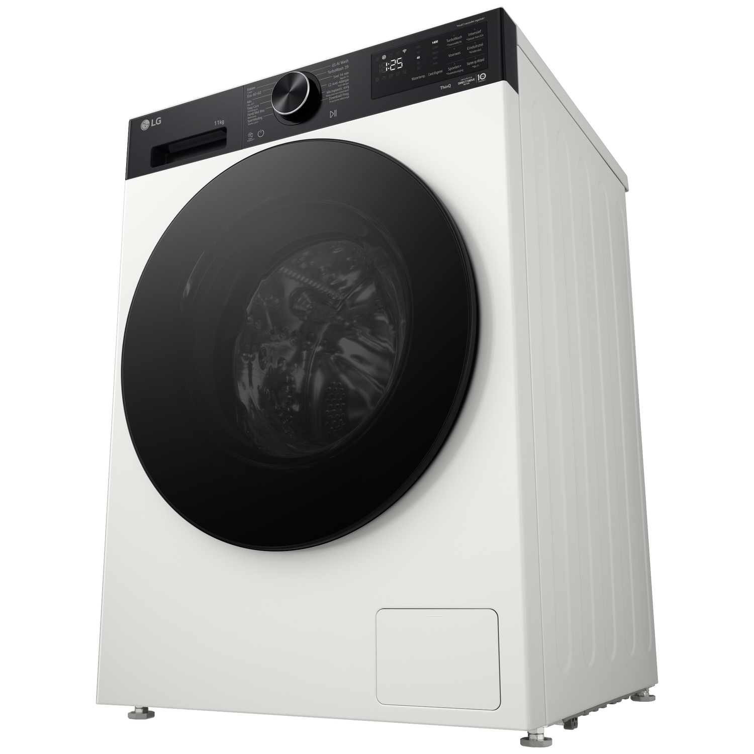 Witte LG wasmachine met zwart deur en bedieningspaneel. Bovenaan bevindt zich een display.