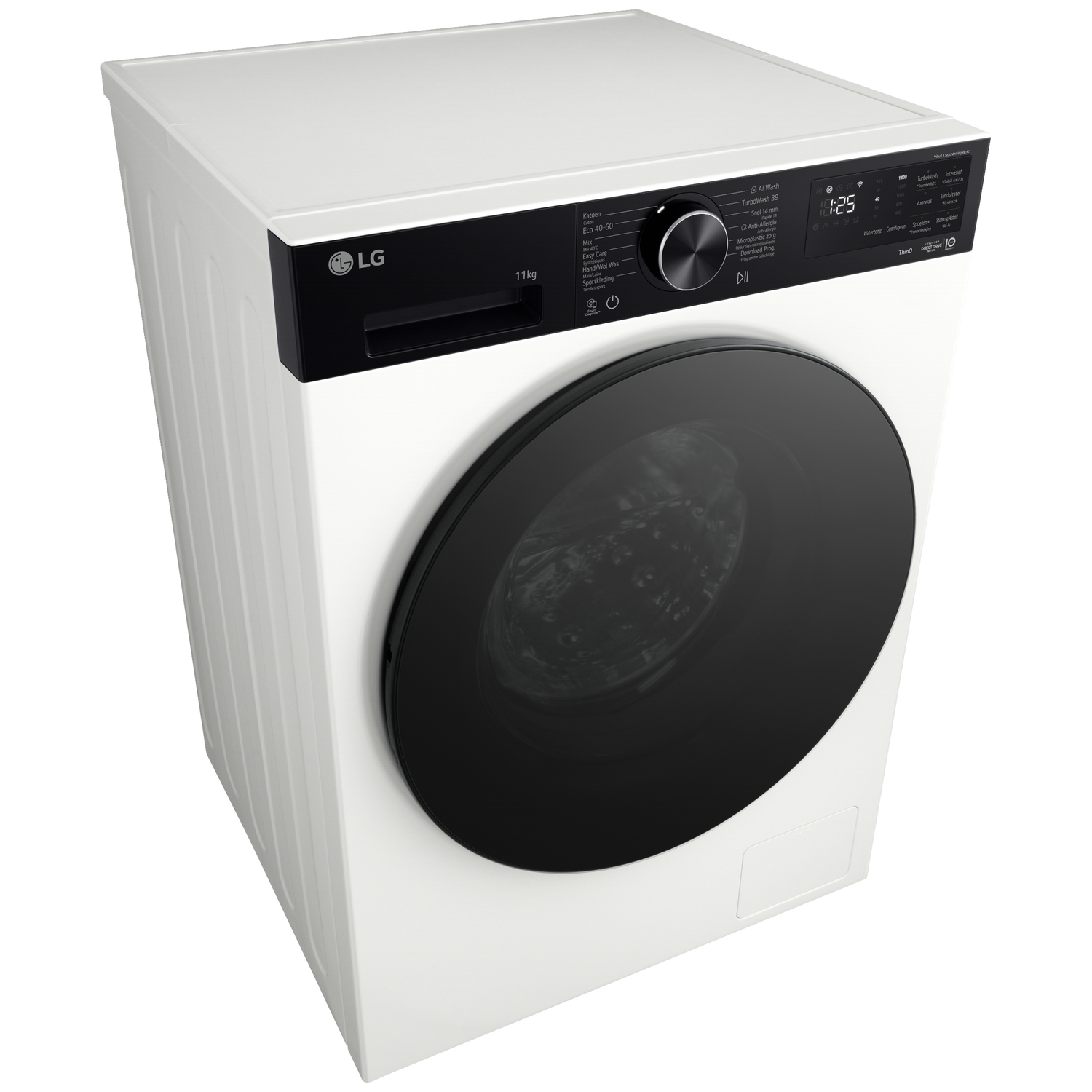 Een witte LG wasmachine met een zwarte deur en bedieningspaneel.