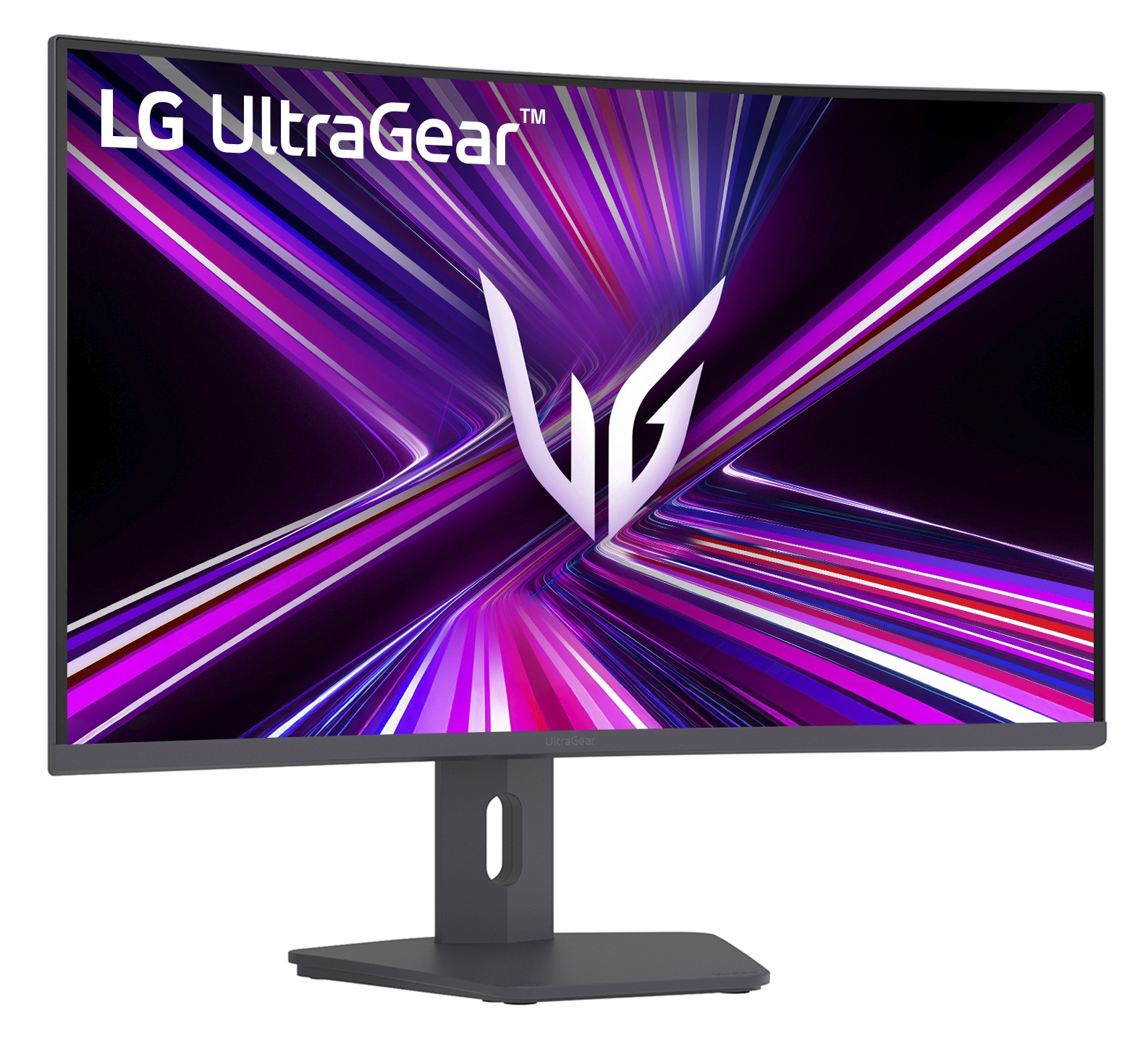 Zakrzywiony monitor LG UltraGear z stylizowanym białym logo na dynamicznym fioletowym tle.