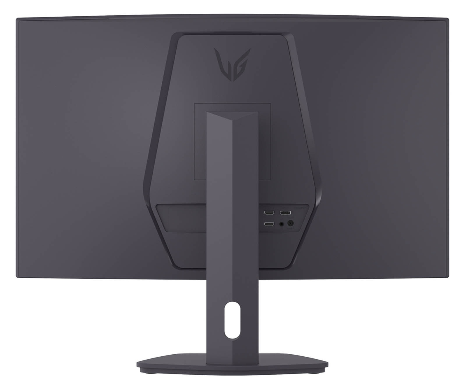 Tył ciemnego monitora z logo LG i portami.