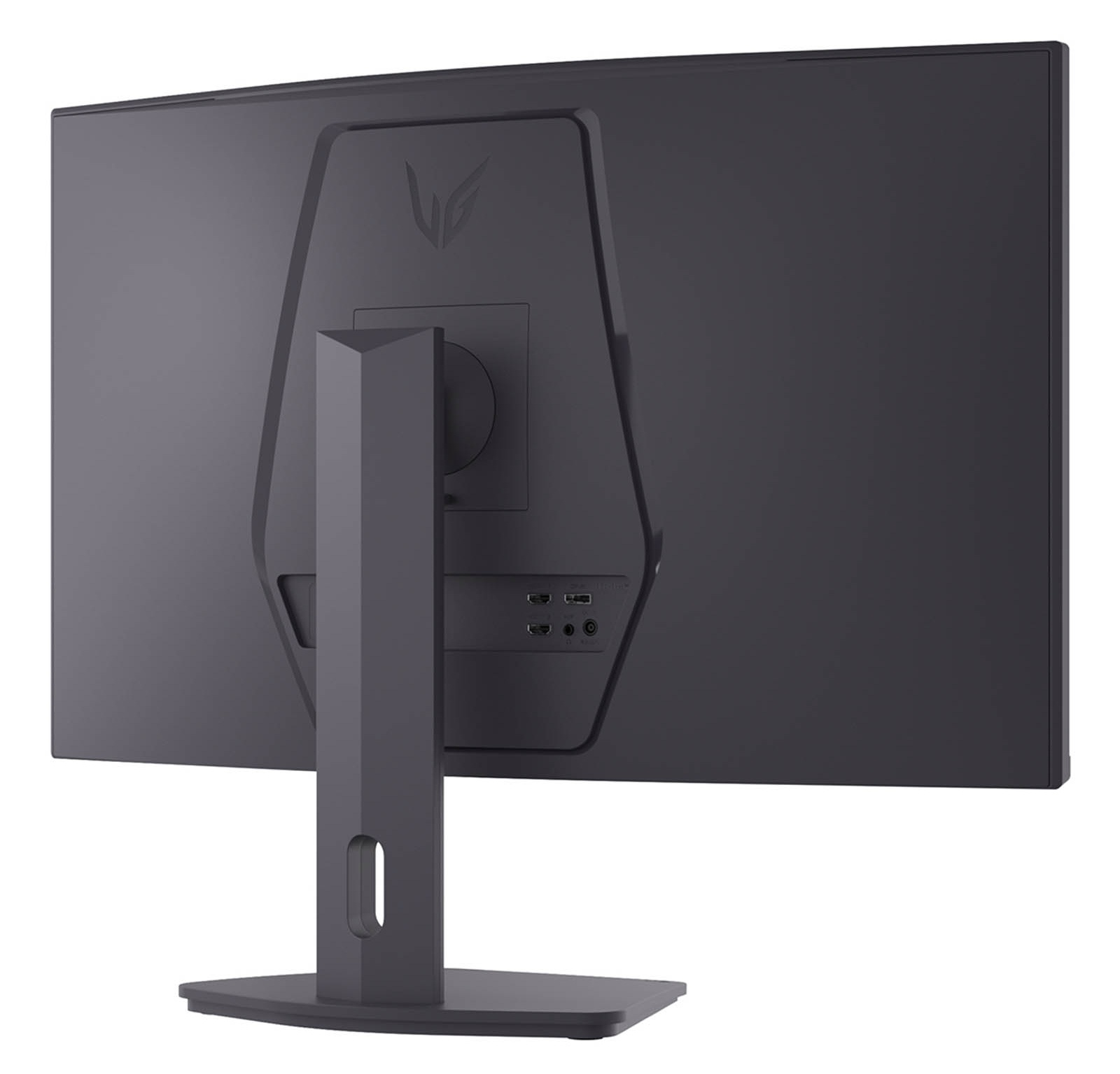 Tył ciemnego monitora z srebrnym logo i portami.