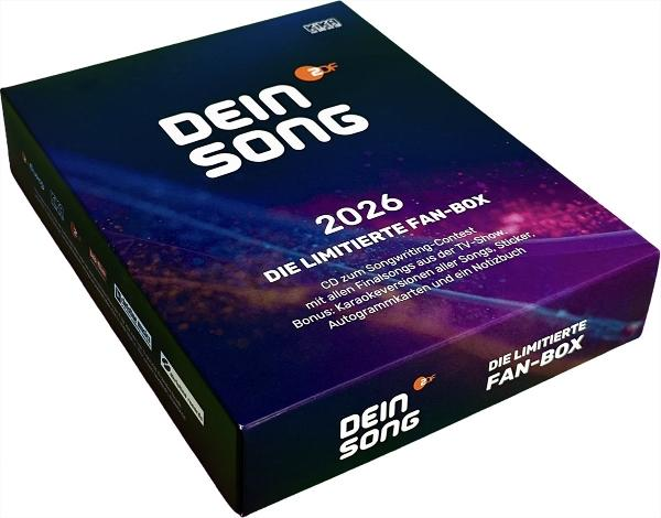 Eine limitierte Fan-Box für 'Dein Song 2026' mit CD, Sticker und Notizbuch.
